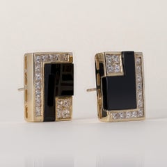 Estate 14K Gold Onyx and Diamond Rectangular Stud Earrings