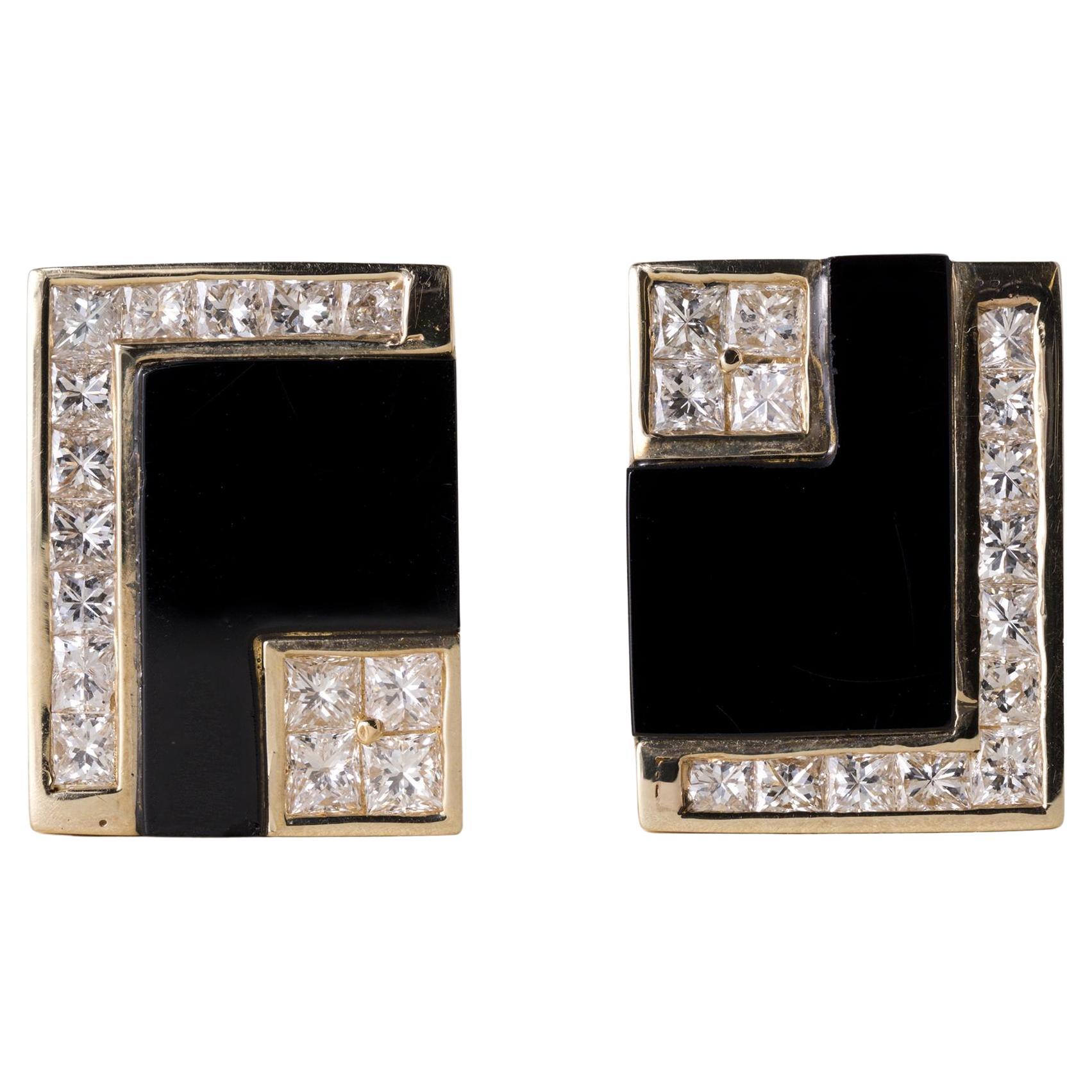 Estate 14K Gold Onyx and Diamond Rectangular Stud Earrings For Sale