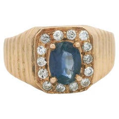 Estate 14K Gold Sapphire & Diamond Halo Ring, USA, Size 8