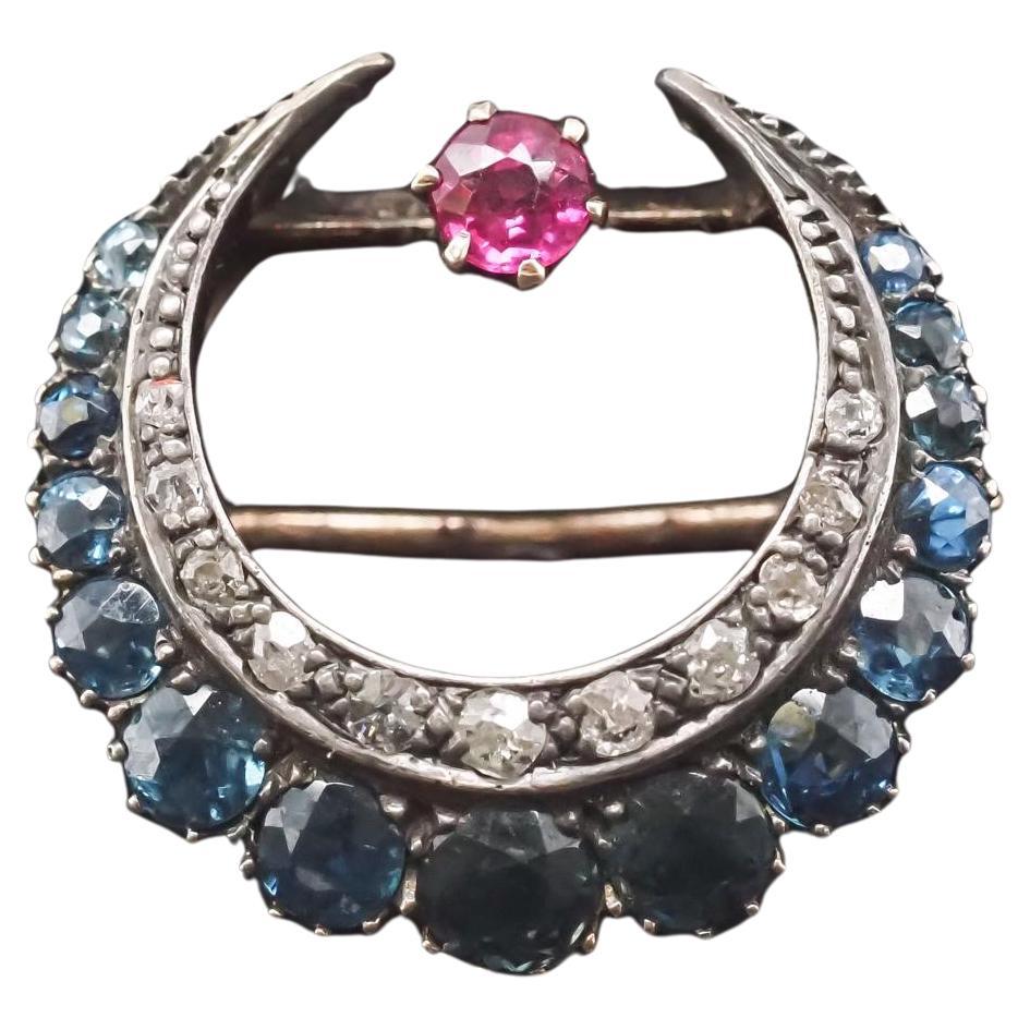 Estate 14K Gold Victorian Sapphire, Diamond and Ruby Crescent Brooch