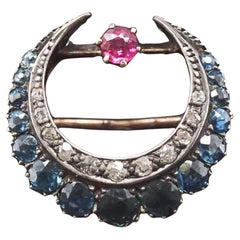 Estate 14K Gold Victorian Sapphire, Diamond and Ruby Crescent Brooch