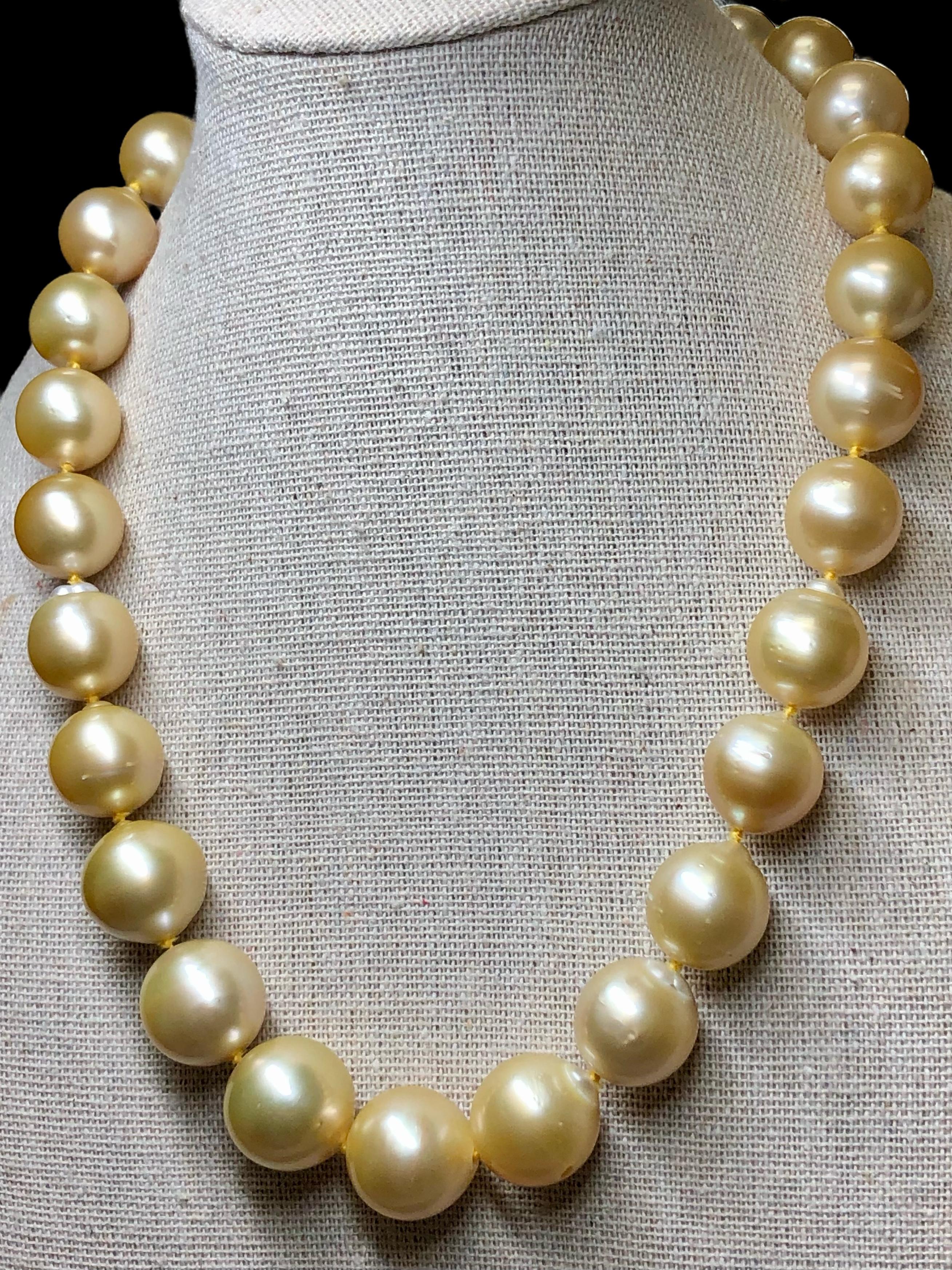 A lovely strand of very large graduated golden baroque South Sea pearls starting at 13.20mm and going all the way up to a whopping 16.10mm. Anyone that understands pearls understands just how big that it is! These pearls have a very even luster with