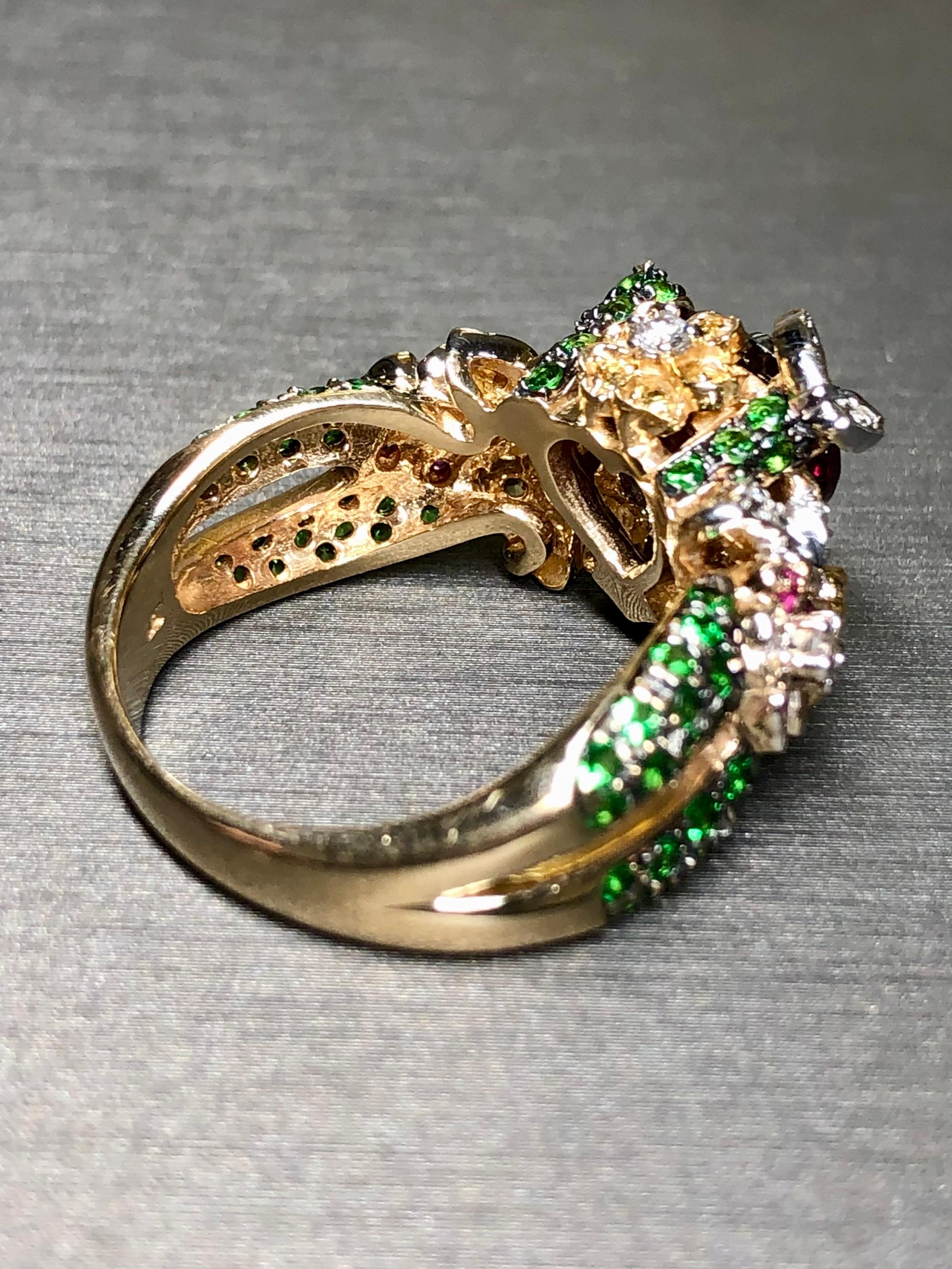 Contemporary Estate 14K Heart Tourmaline Tsavorite Diamond Floral Cocktail Ring Sz 10.5 For Sale
