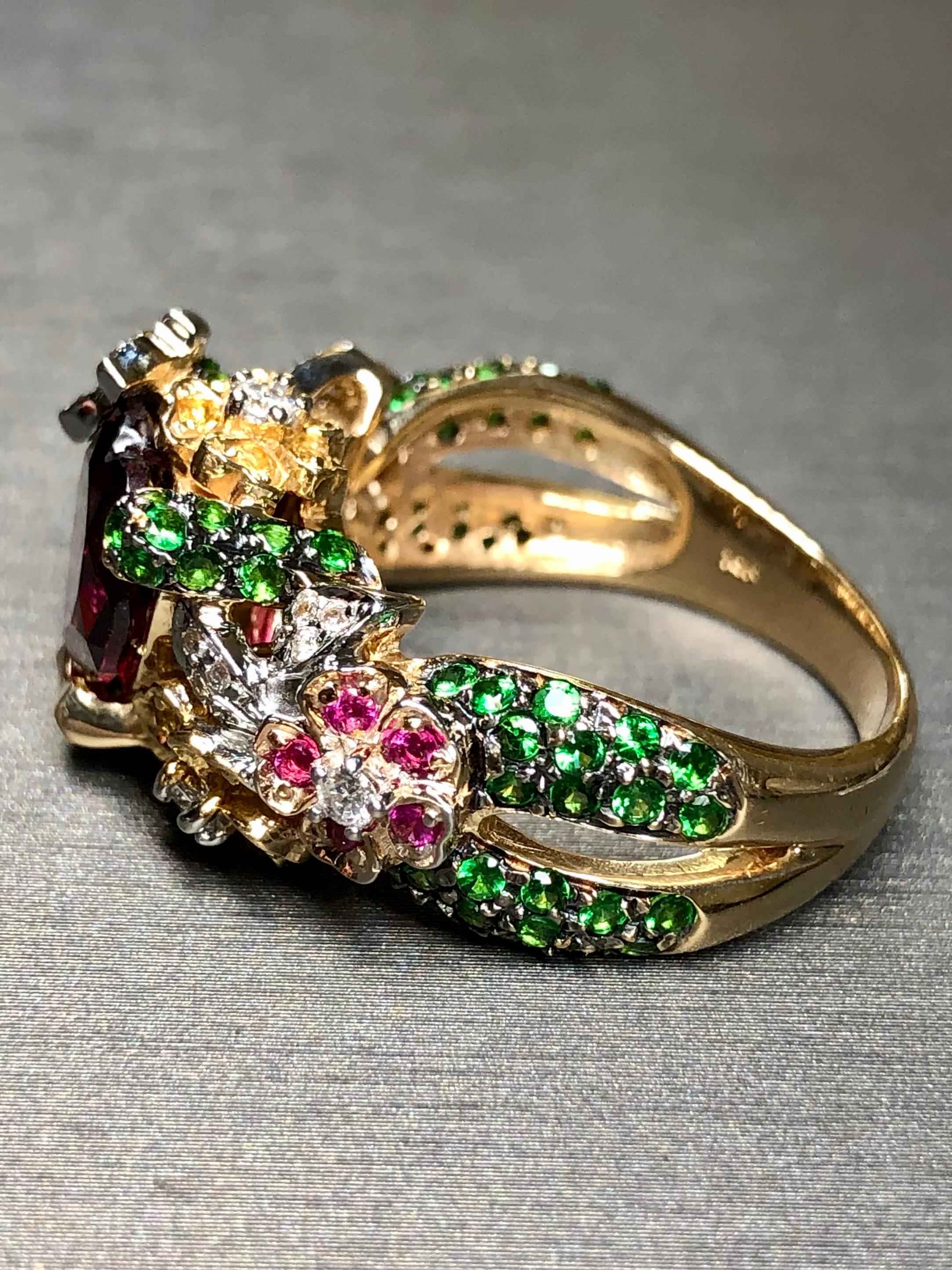 Estate 14K Heart Tourmaline Tsavorite Diamond Floral Cocktail Ring Sz 10.5 In Good Condition For Sale In Winter Springs, FL