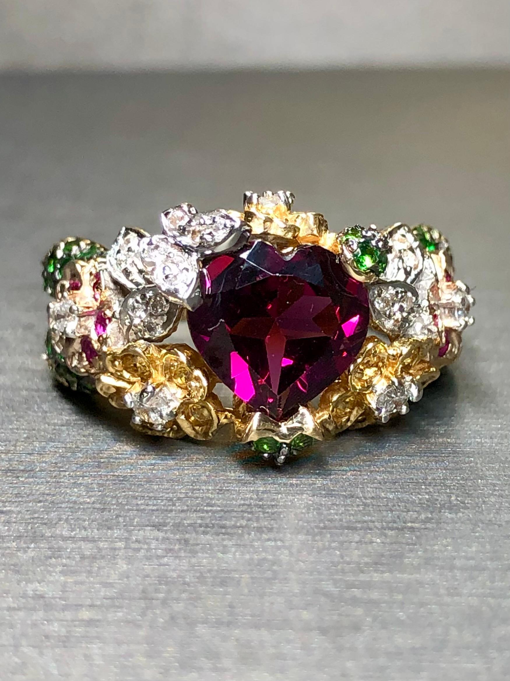Women's or Men's Estate 14K Heart Tourmaline Tsavorite Diamond Floral Cocktail Ring Sz 10.5 For Sale