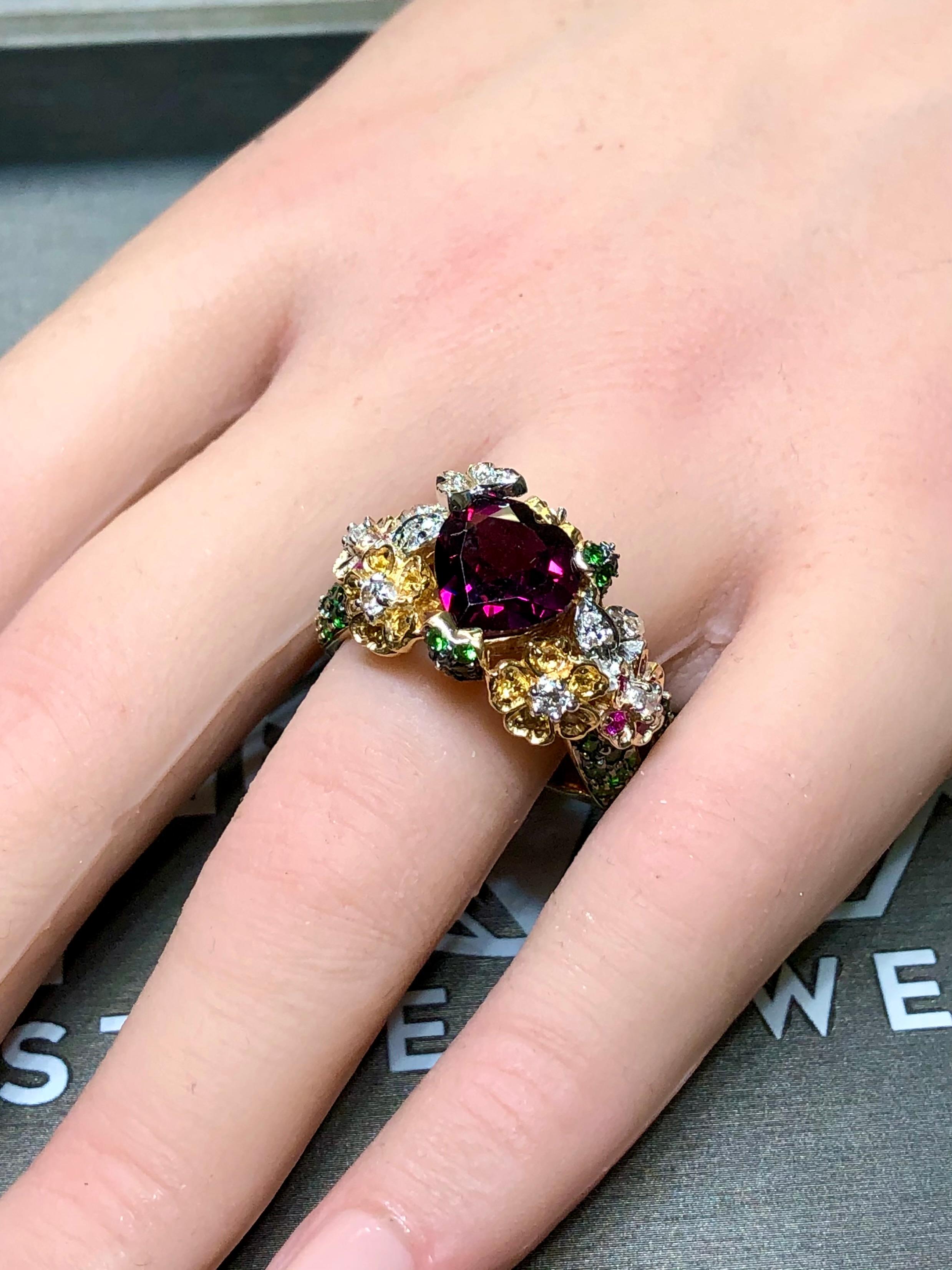 Estate 14K Heart Tourmaline Tsavorite Diamond Floral Cocktail Ring Sz 10.5 For Sale 1