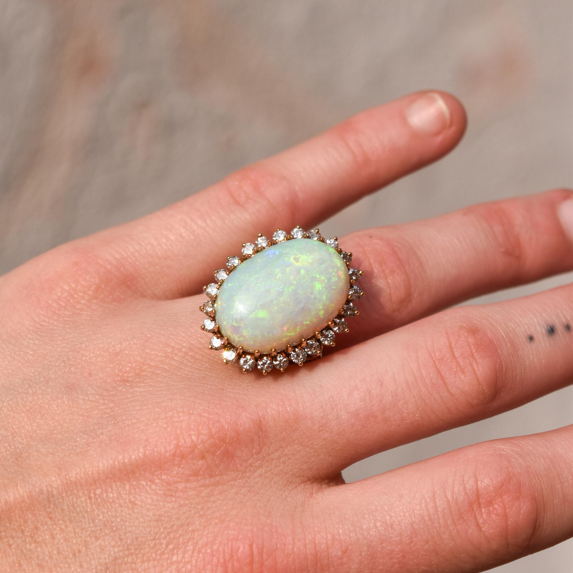 Estate 14K Opal Diamond Halo Cocktail Ring For Sale 6
