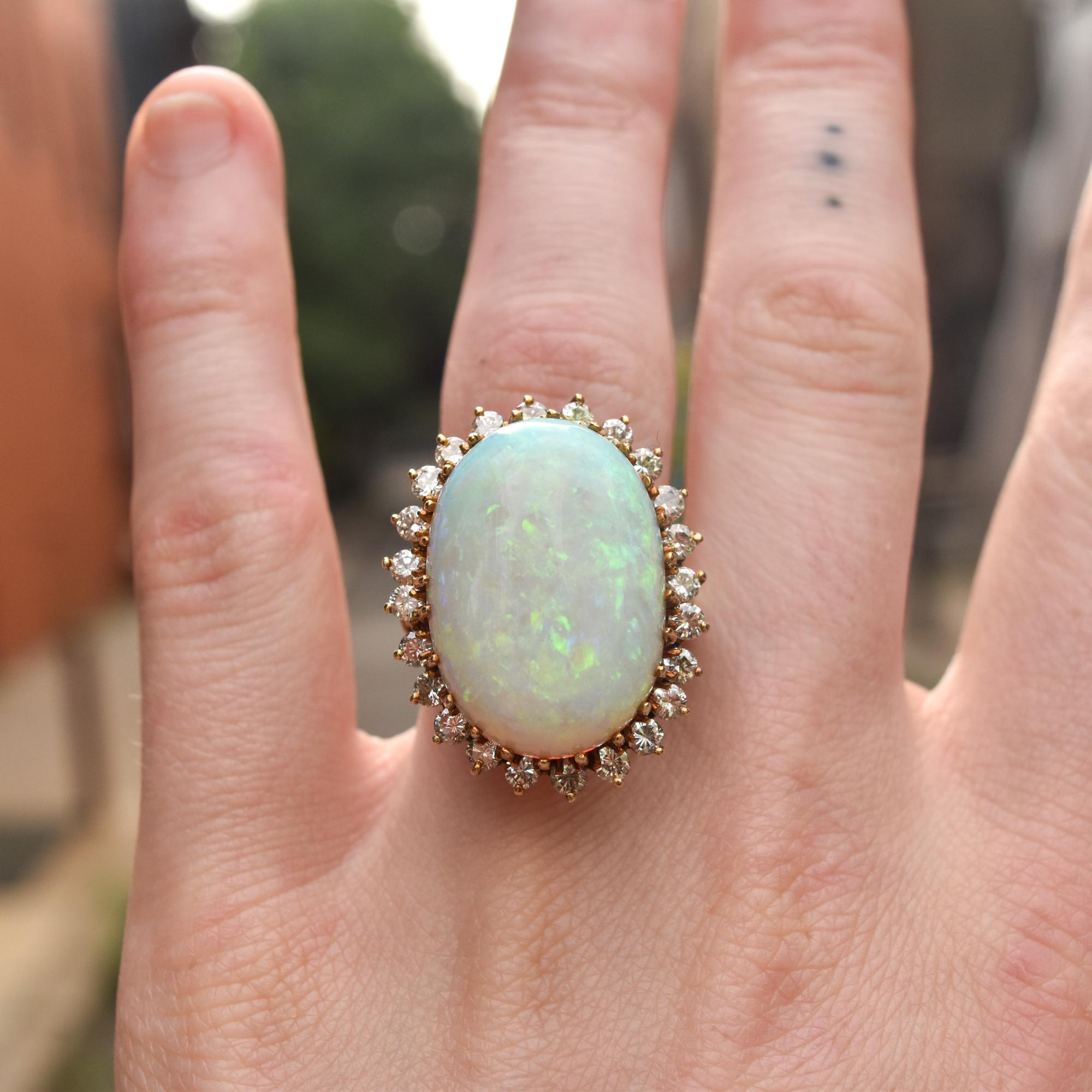 Estate 14K Opal Diamond Halo Cocktail Ring For Sale 7