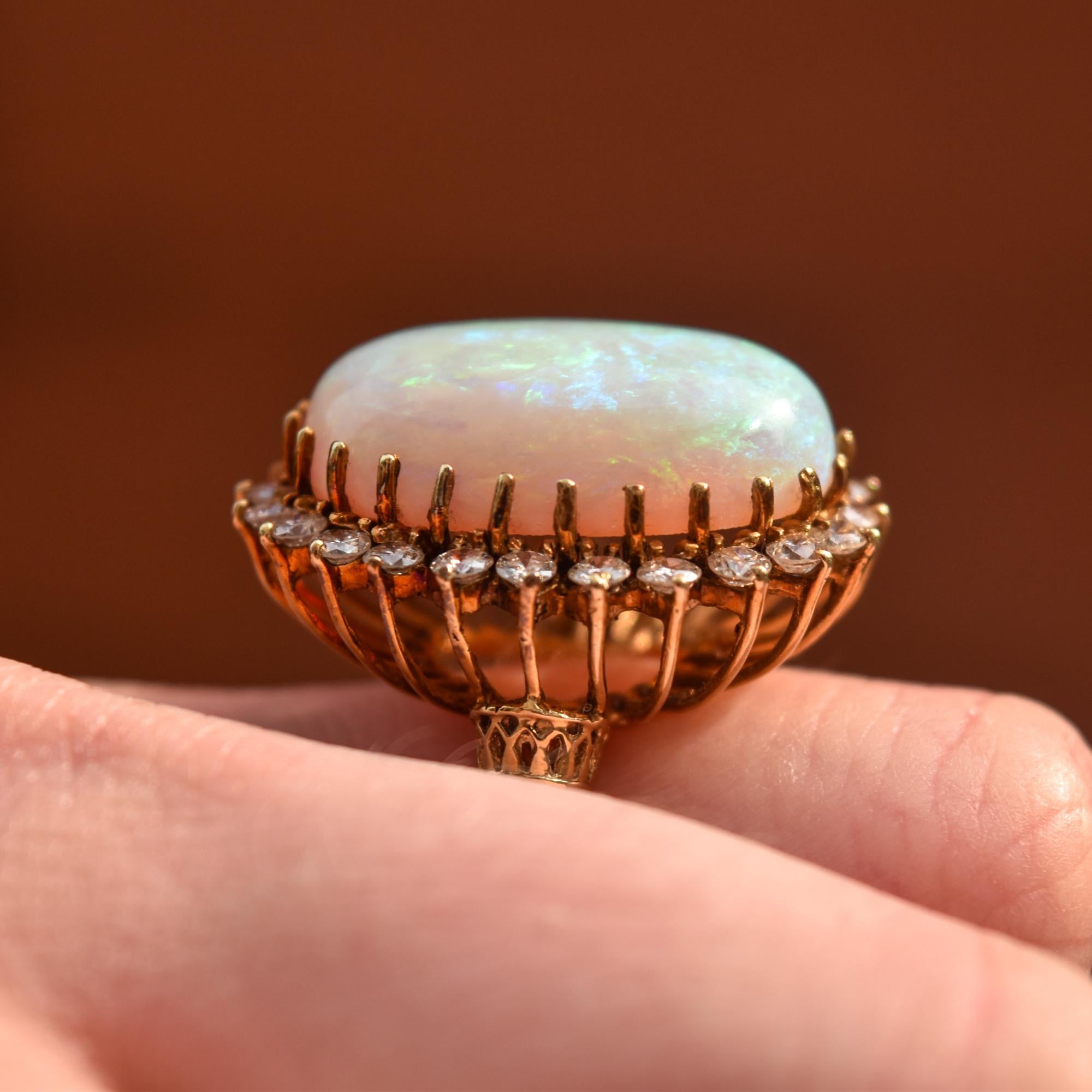 Estate 14K Opal Diamond Halo Cocktail Ring For Sale 11