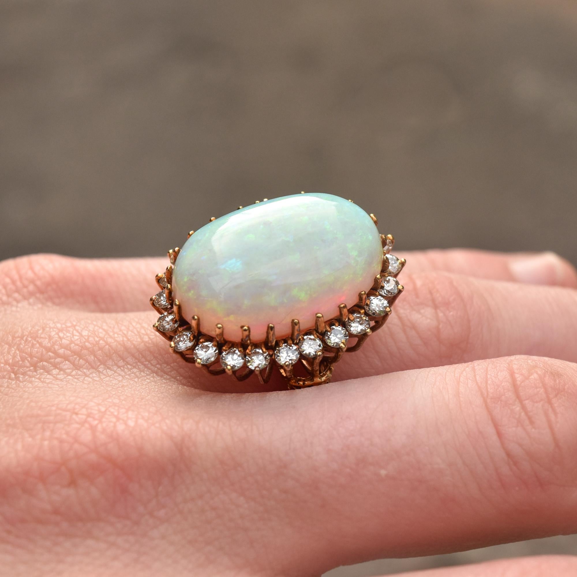 Estate 14K Opal Diamond Halo Cocktail Ring For Sale 14