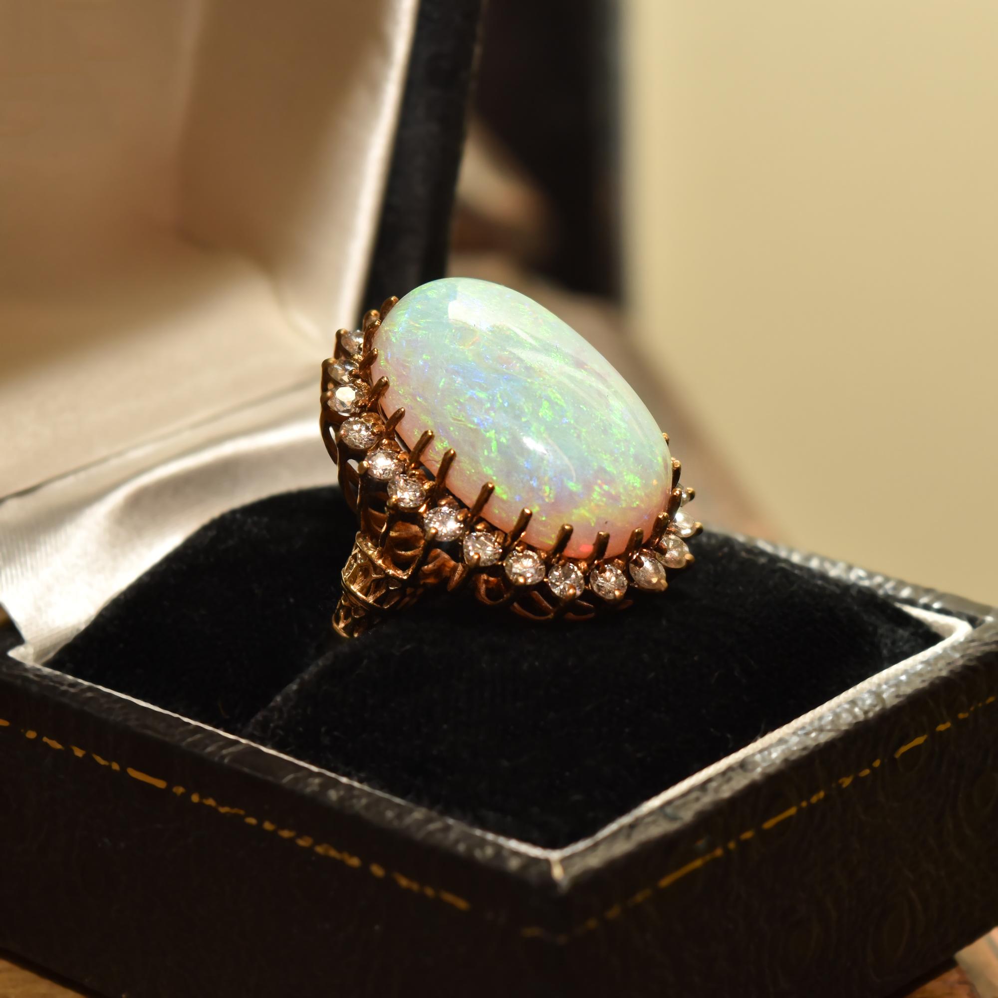 Estate 14K Opal Diamond Halo Cocktail Ring In Good Condition For Sale In Philadelphia, PA