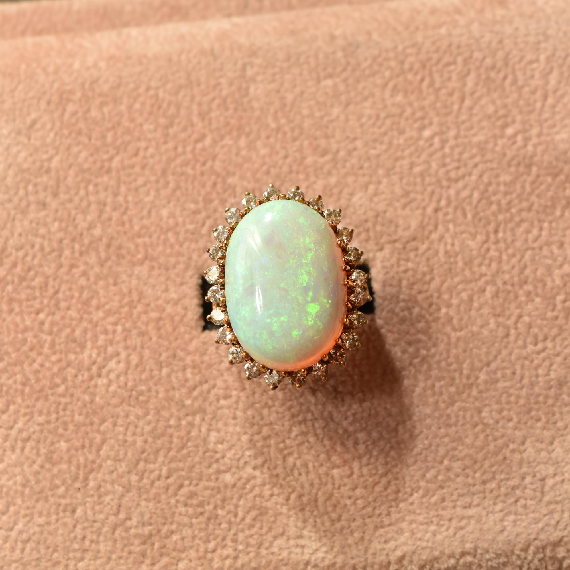 Estate 14K Opal Diamond Halo Cocktail Ring For Sale 2