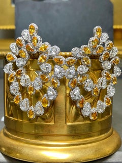 Estate 14K White Gold Pear Round Diamond Orange Sapphire Omega Earrings 19.80ctw