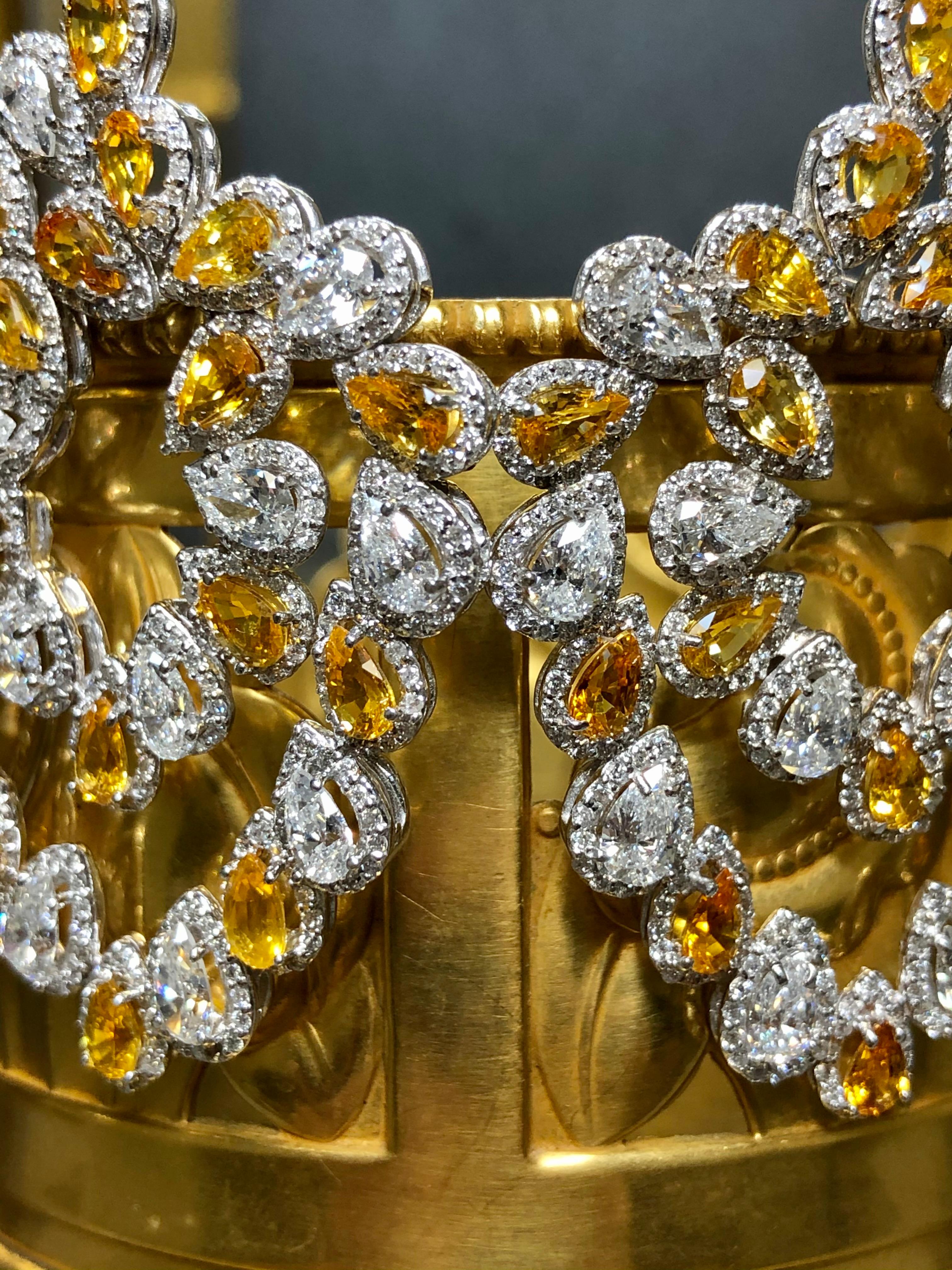 Estate 14K Pear Round Diamond Orange Sapphire Omega Earrings 19.80cttw In Good Condition For Sale In Winter Springs, FL