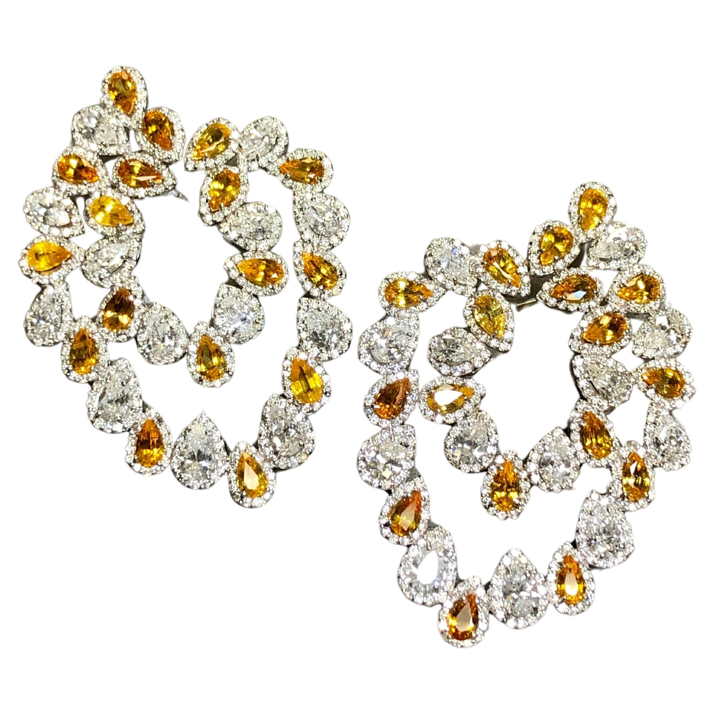 Estate 14K Pear Round Diamond Orange Sapphire Omega Earrings 19.80cttw For Sale