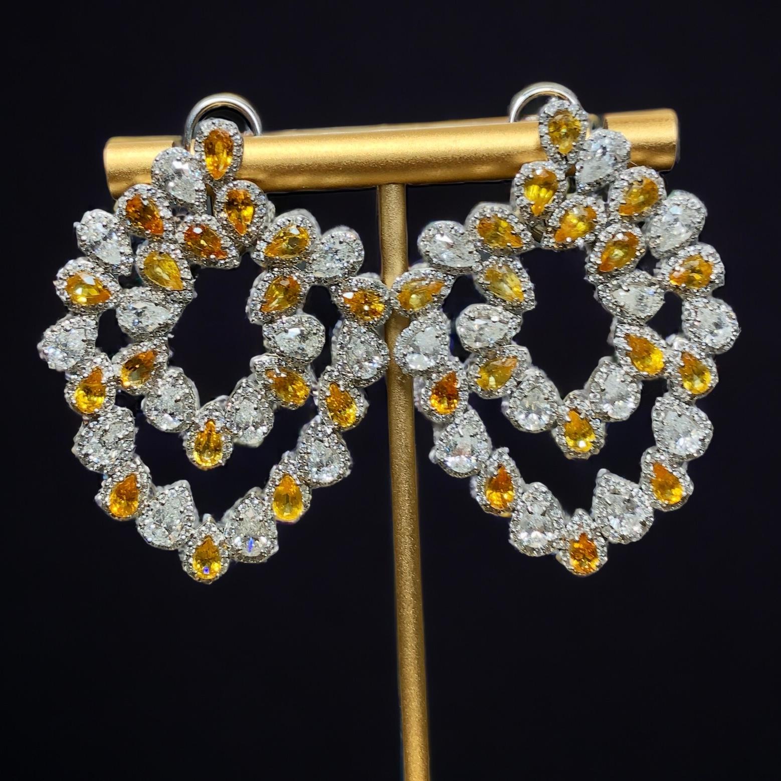 Estate 14K Pear Round Diamond Orange Sapphire Omega Earrings 19.80cttw For Sale 2
