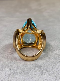 Estate 14K Pear Shaped Aquamarine Diamond Large Scroll Cocktail Ring 18ct
