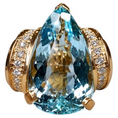 Estate 14K Pear Shaped Aquamarine Diamond Large Scroll Cocktail Ring 18ct