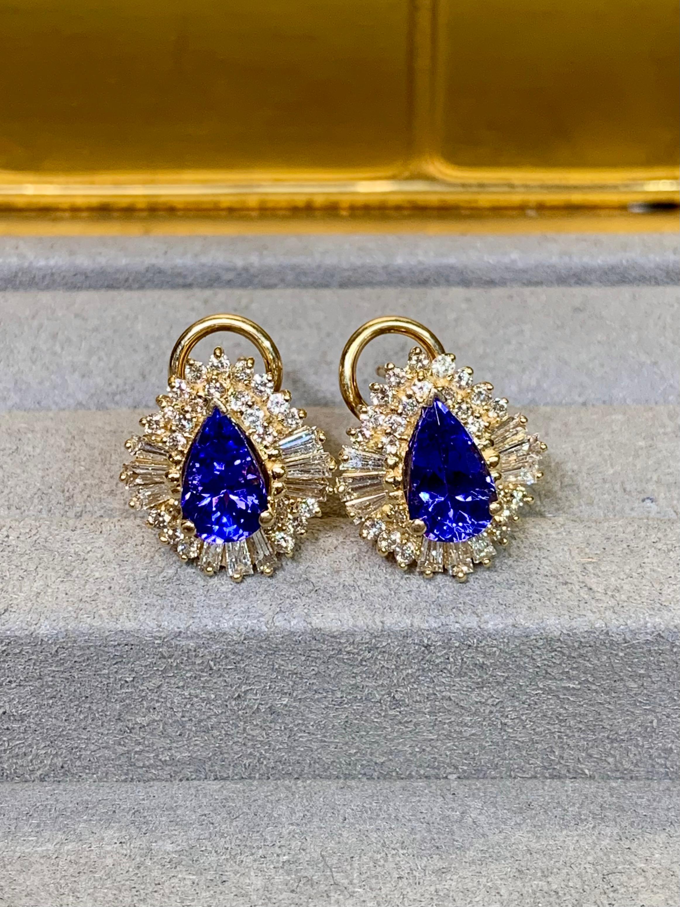 A dazzling pair of estate cluster earrings, expertly crafted in 14K yellow gold. Together, the earrings are set with approximately 3.00 carats total weight of vivid pear-shaped natural tanzanite, each stone displaying a rich bluish-violet hue with