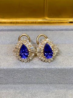 Estate 14K Pear Tanzanite Baguette Diamond Omega Back Huggie Earrings 5ctw
