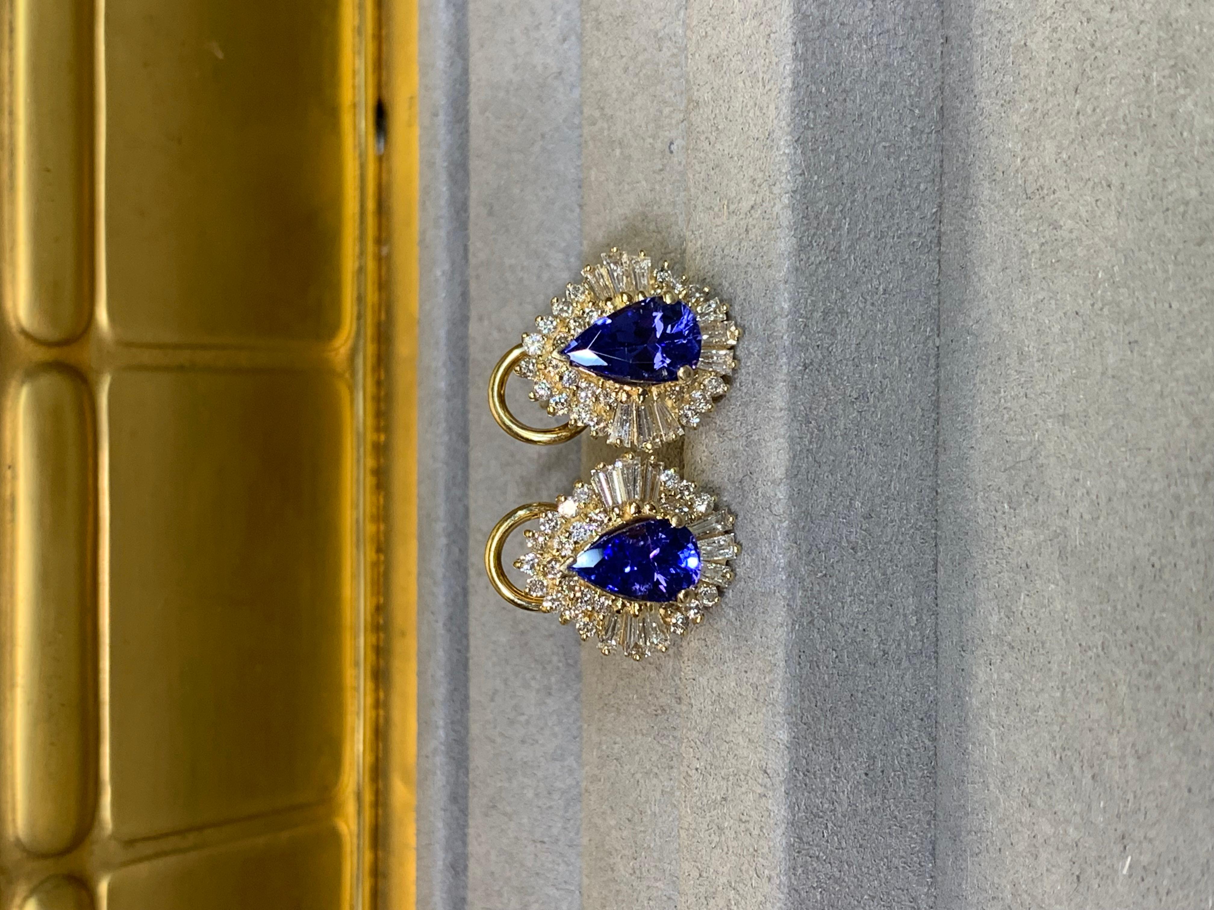 Contemporary Estate 14K Pear Tanzanite Baguette Diamond Omega Back Huggie Earrings 5ctw For Sale