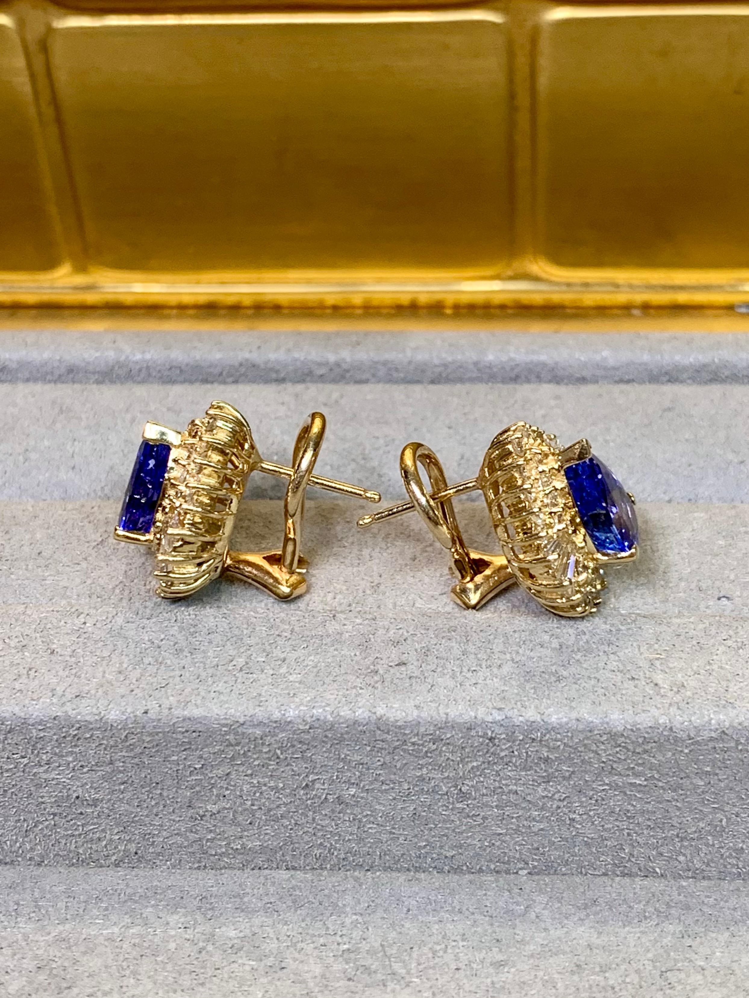 Pear Cut Estate 14K Pear Tanzanite Baguette Diamond Omega Back Huggie Earrings 5ctw For Sale