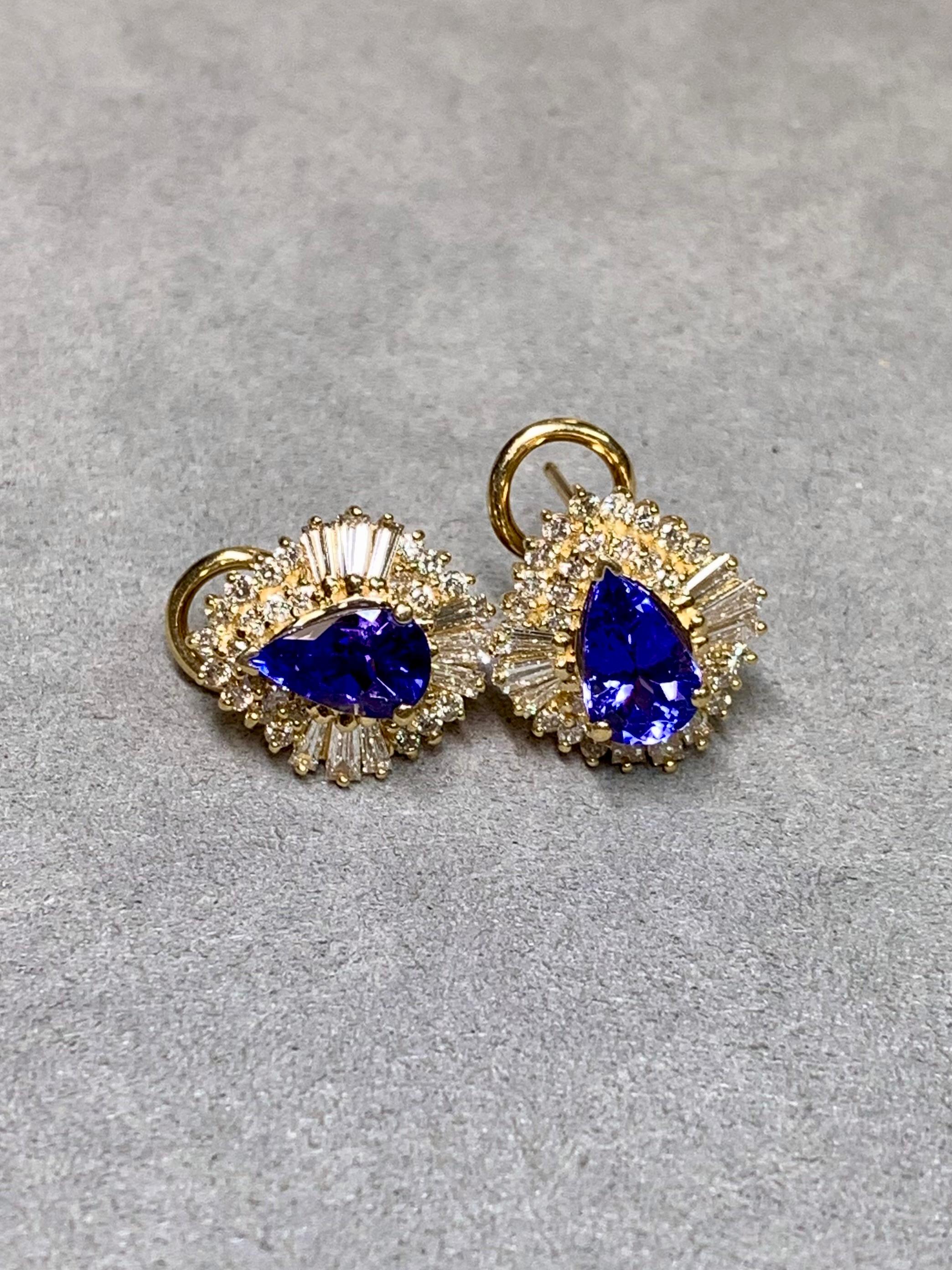 Estate 14K Pear Tanzanite Baguette Diamond Omega Back Huggie Earrings 5ctw For Sale 1