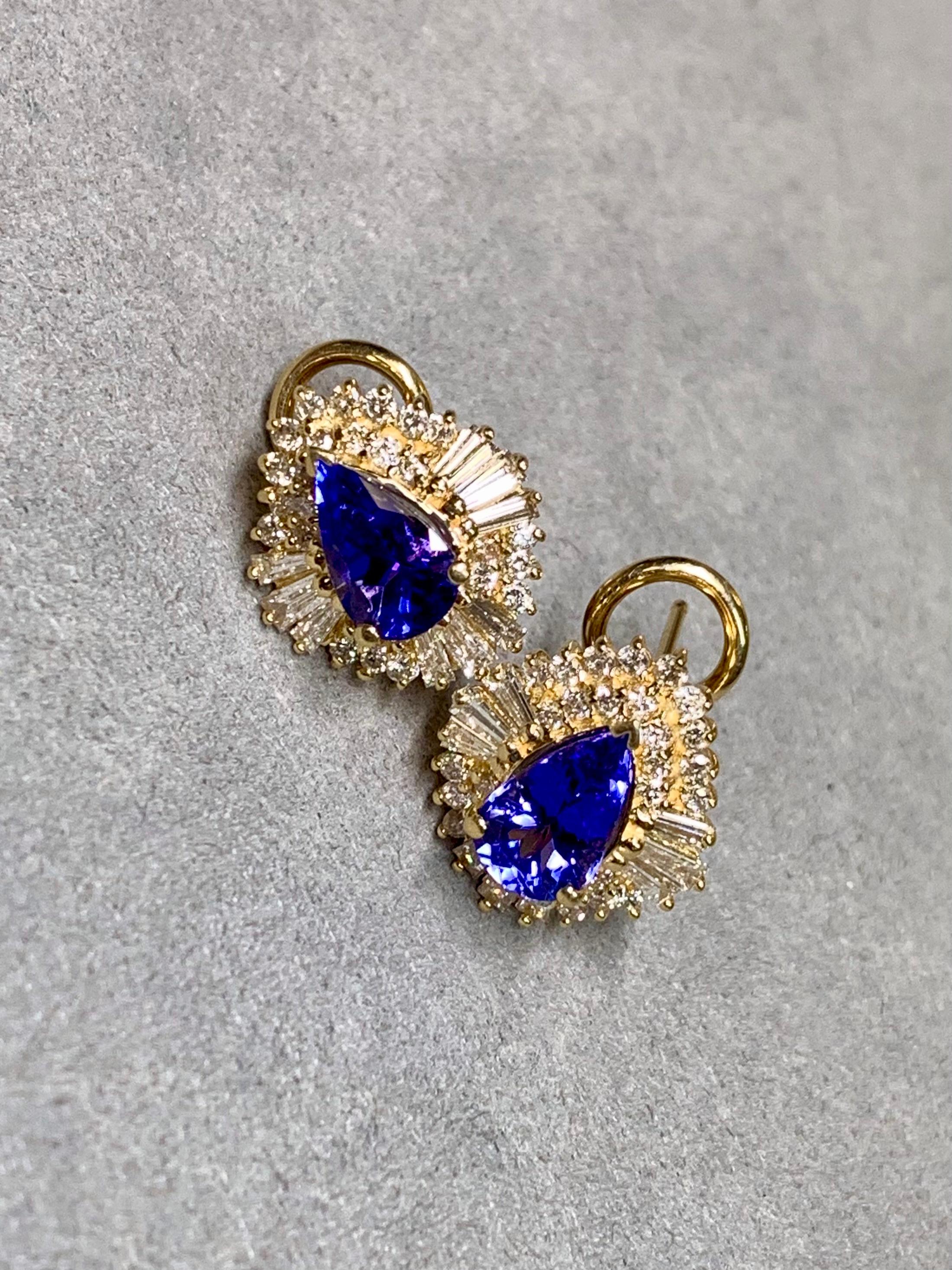 Estate 14K Pear Tanzanite Baguette Diamond Omega Back Huggie Earrings 5ctw For Sale 2