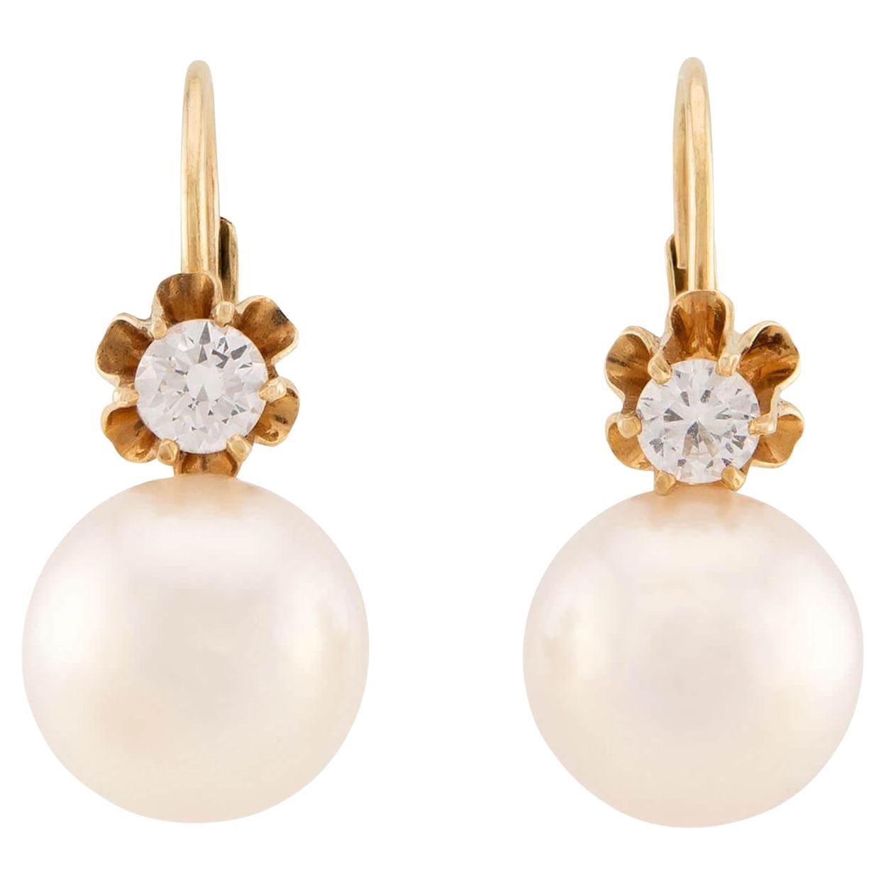 Estate 14k Pearl and Diamond Earrings in vendita