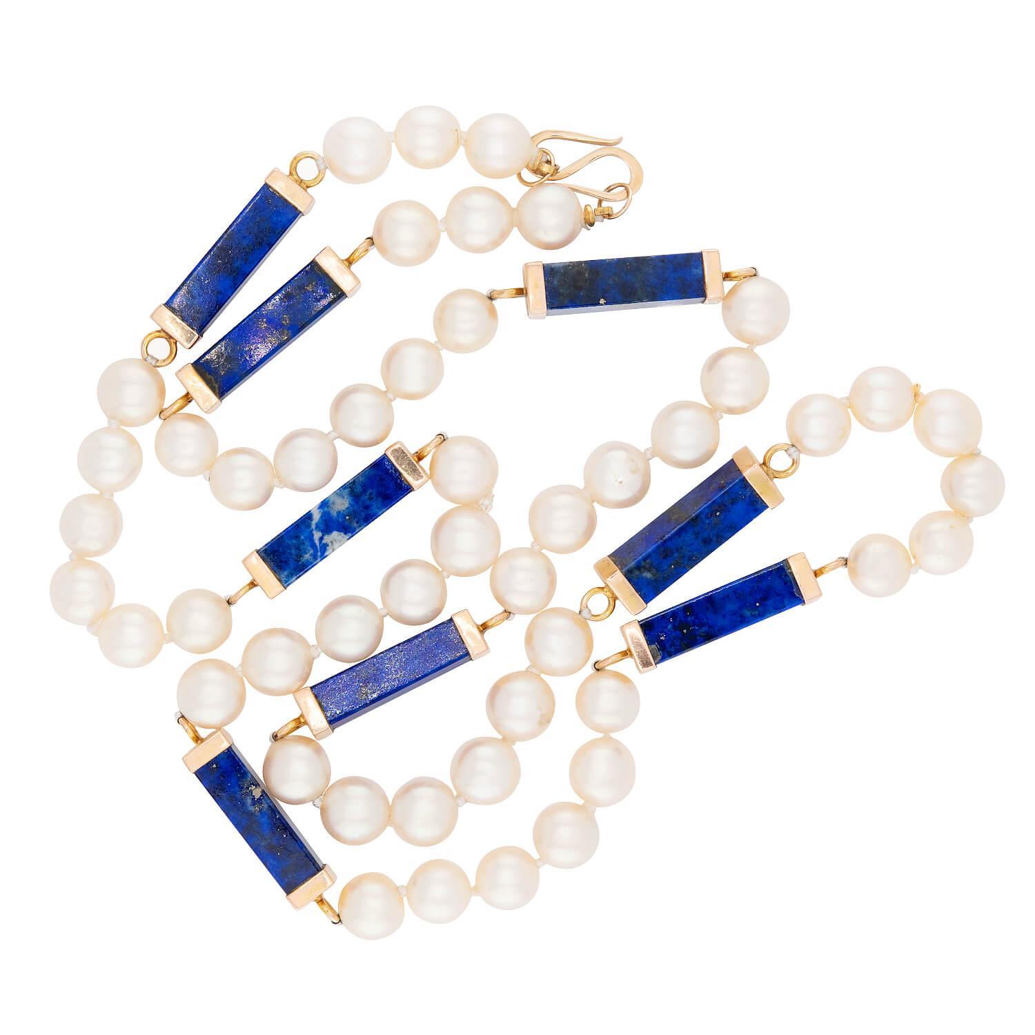 Nachlass 14k Perle und Lapislazuli Perlenkette (Moderne) im Angebot
