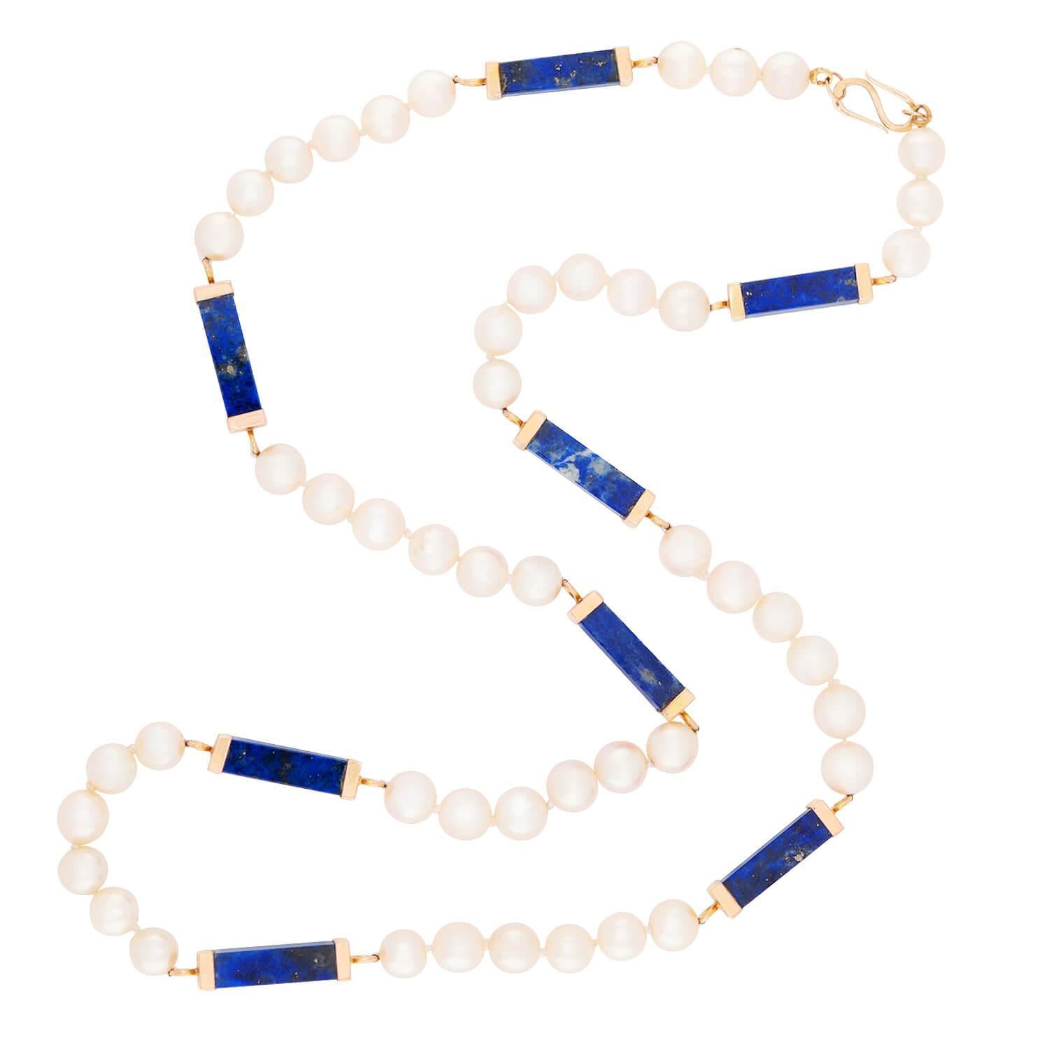 Estate 14k Pearl and Lapis Lazuli Bead Necklace