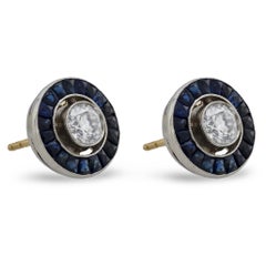 Estate 14k/Platinum Diamond & Sapphire Halo Earrings