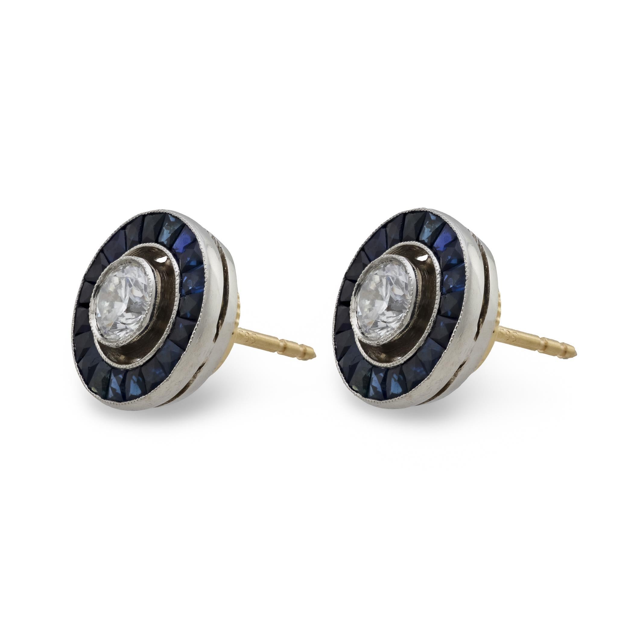 Pendientes Estate Halo de Diamantes y Zafiros 14k/Platino Moderno en venta