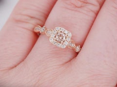 Estate 14K Rose Gold .4 ct Champagne + White Round Diamond Halo Engagement Ring