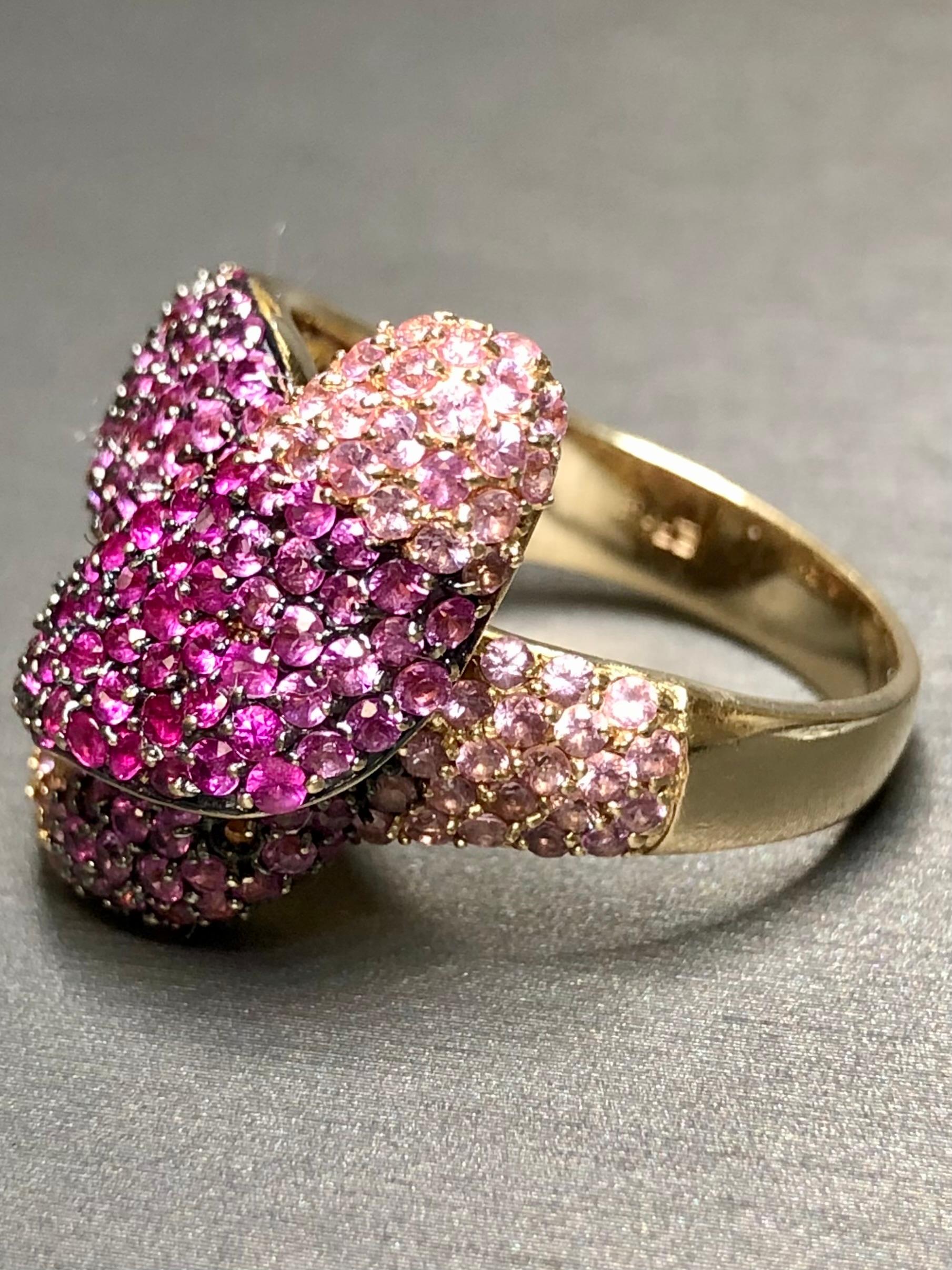 Contemporary Estate 14K Rose Gold EFFY Pink Sapphire Large Twist Knot Cocktail Ring 8cttw For Sale