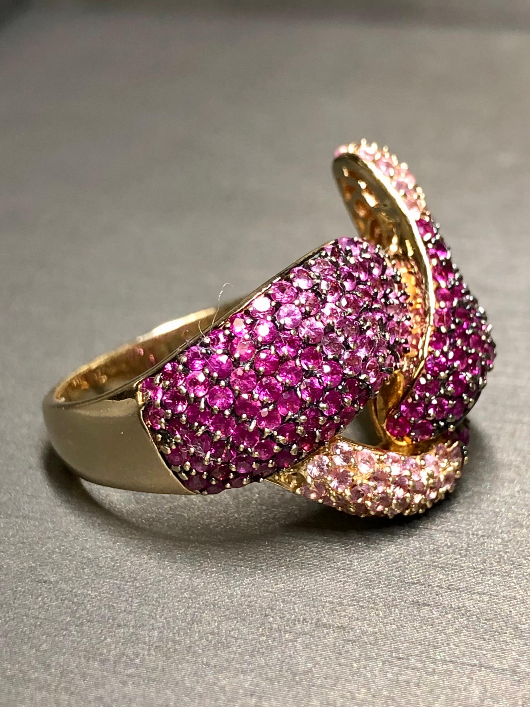 Round Cut Estate 14K Rose Gold EFFY Pink Sapphire Large Twist Knot Cocktail Ring 8cttw For Sale
