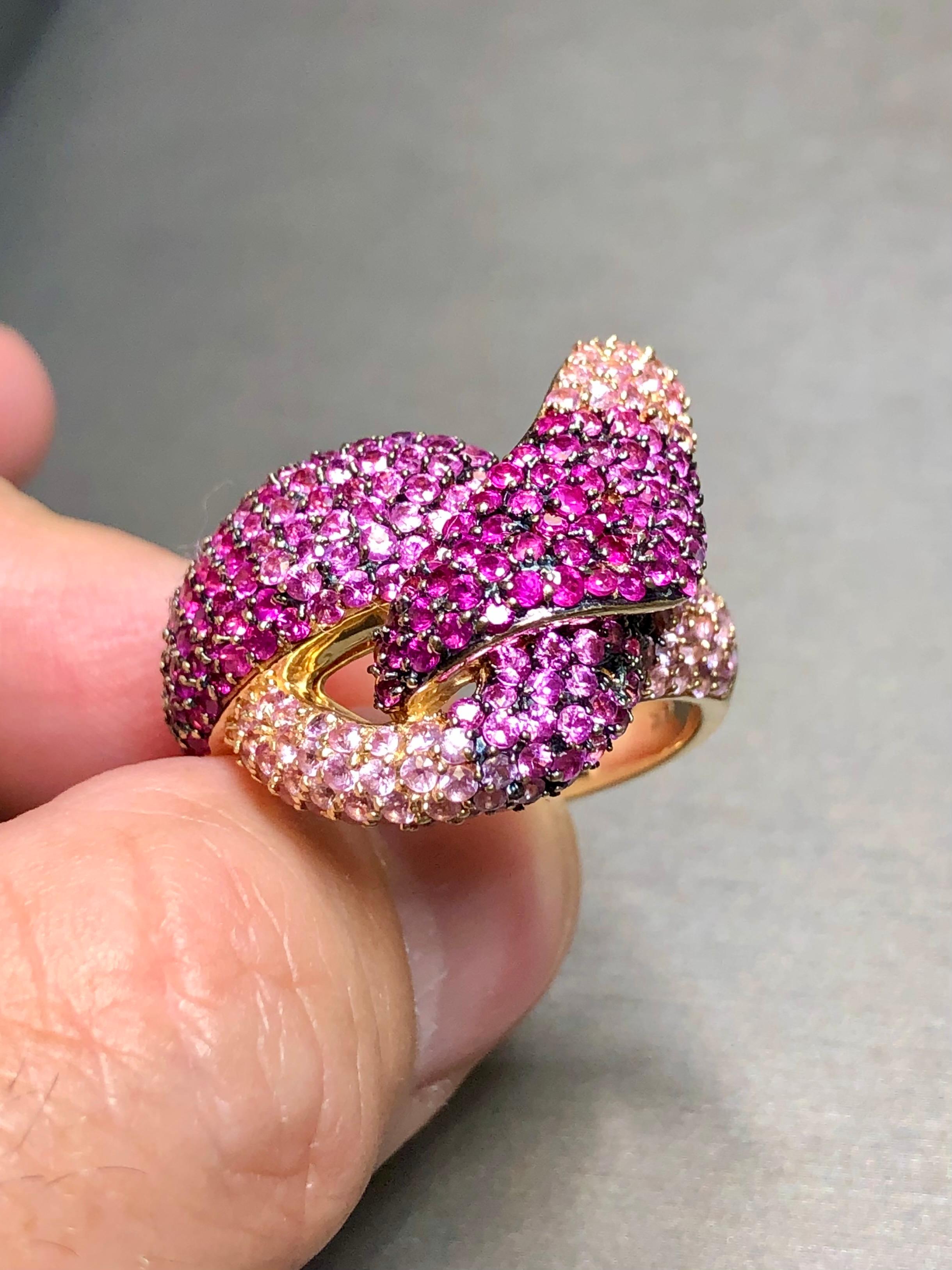 Women's or Men's Estate 14K Rose Gold EFFY Pink Sapphire Large Twist Knot Cocktail Ring 8cttw For Sale