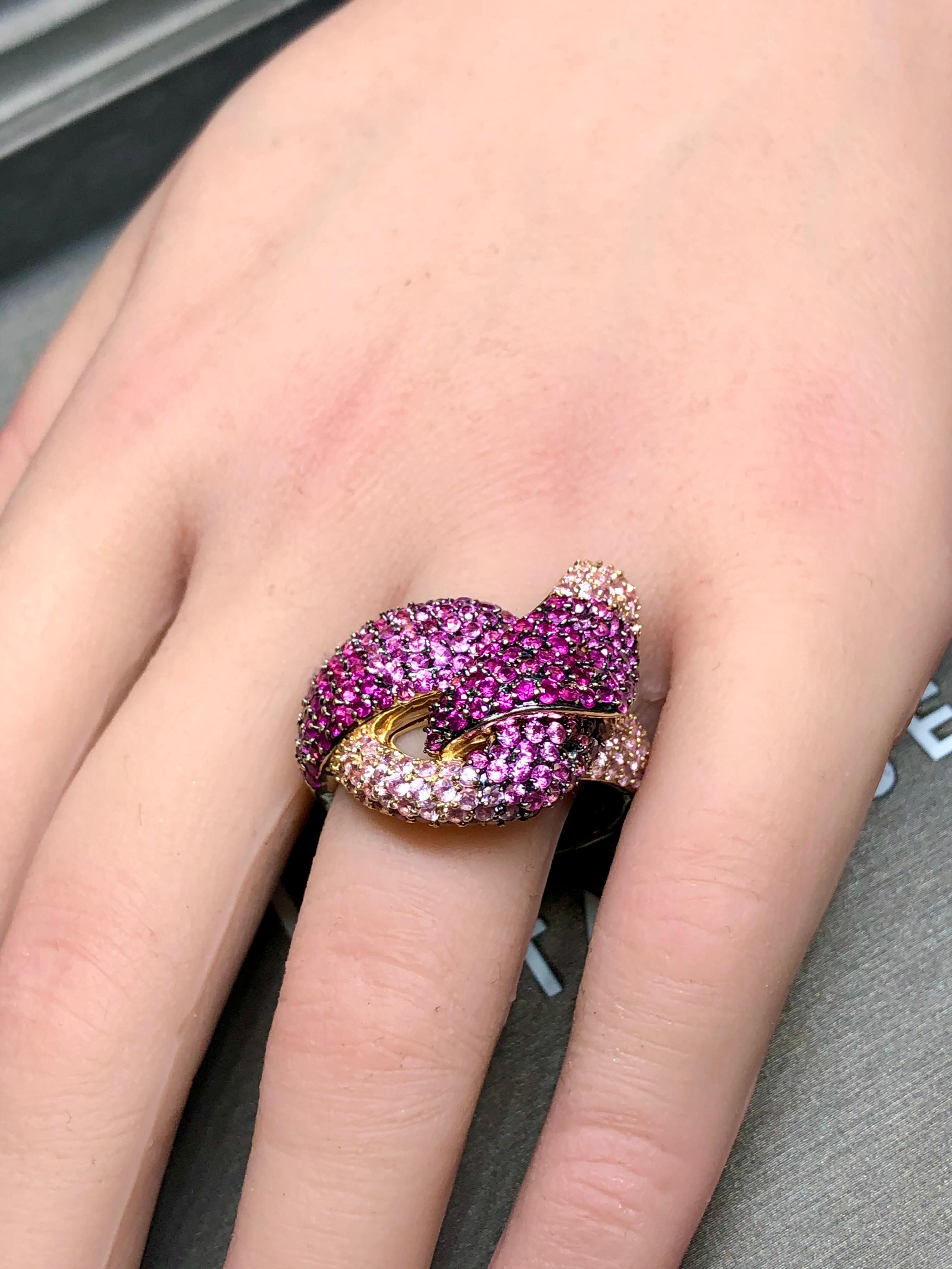 Estate 14K Rose Gold EFFY Pink Sapphire Large Twist Knot Cocktail Ring 8cttw For Sale 3