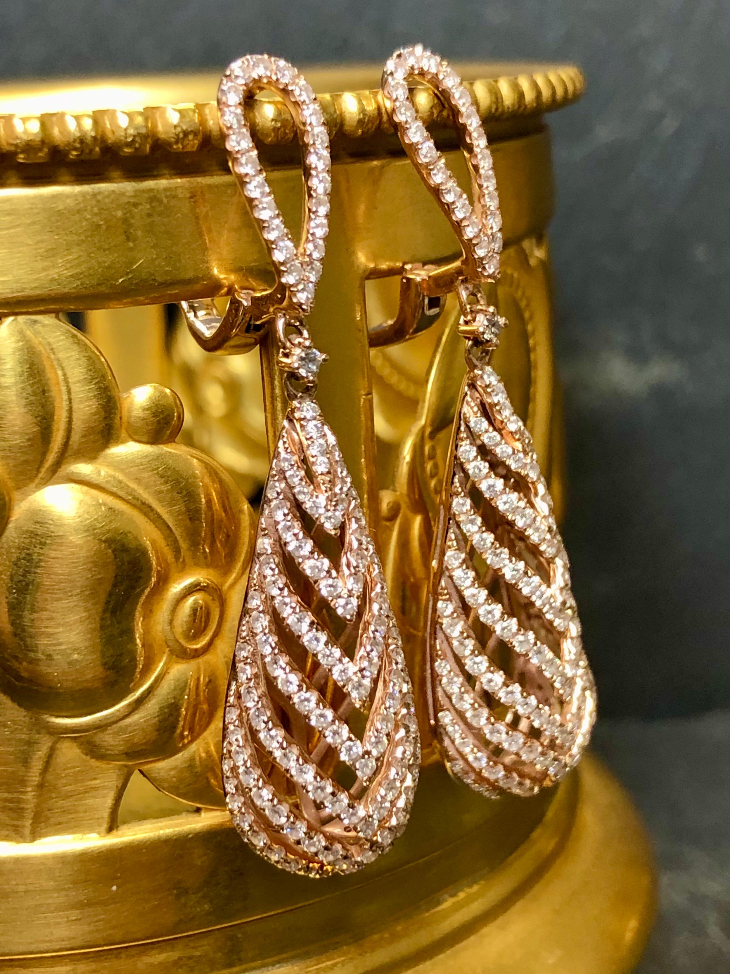 Contemporary Estate 14K Rose Gold Openwork Diamond Teardrop Dangle Earrings 3.20cttw  For Sale