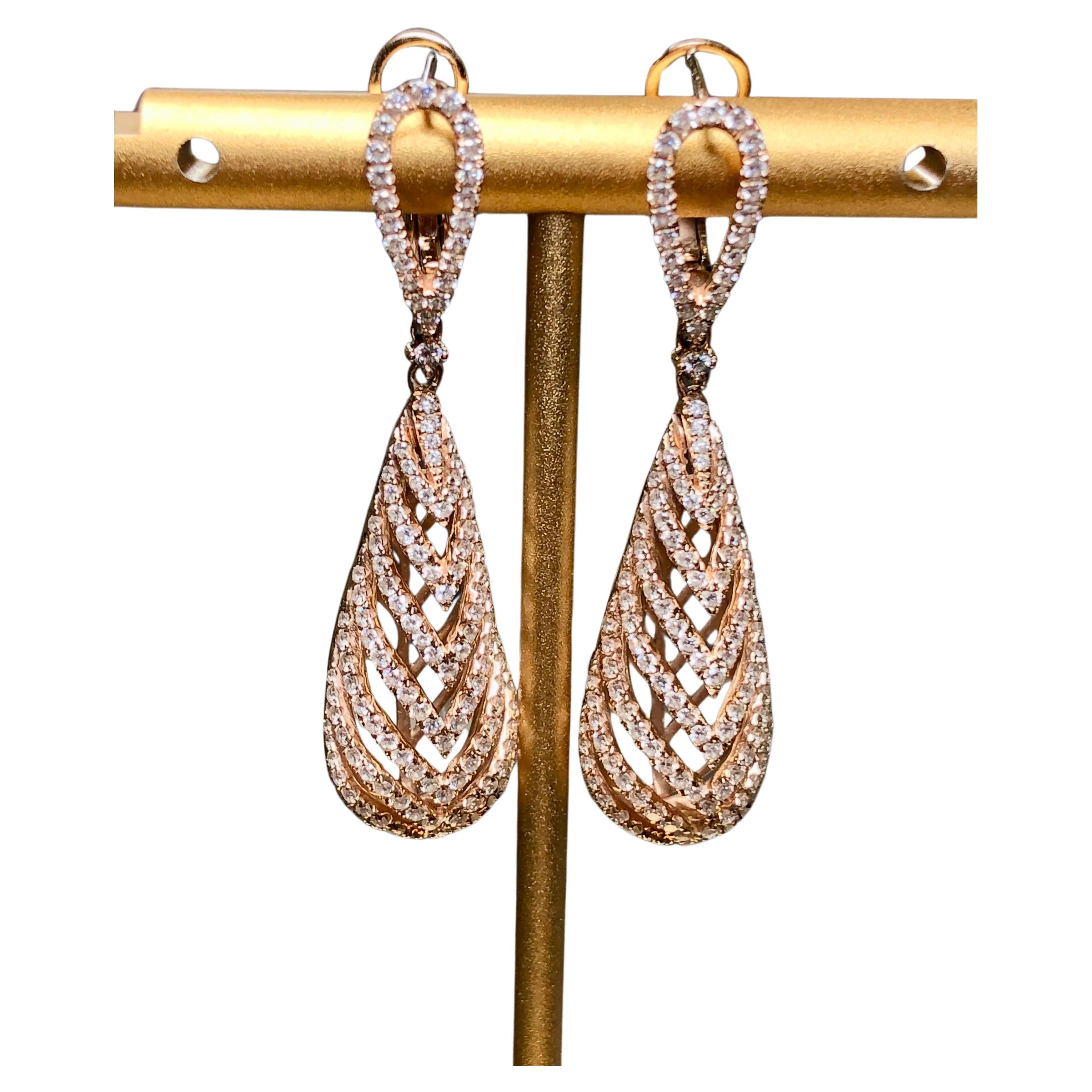 Estate 14K Rose Gold Openwork Diamond Teardrop Dangle Earrings 3.20cttw  For Sale