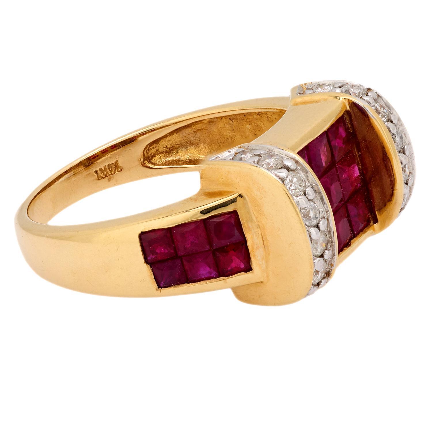 Taglio francese Anello con rubino e diamante 14k in vendita