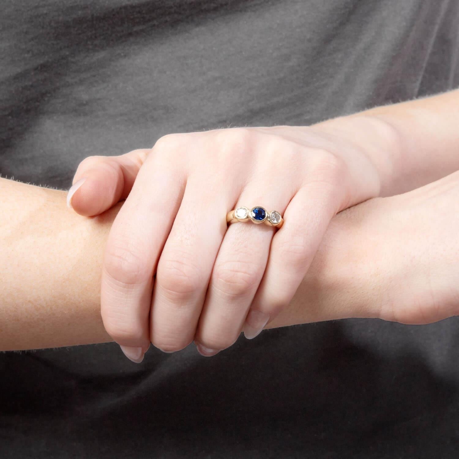 Women's Estate 14k Sapphire and Diamond Three Stone Ring For Sale