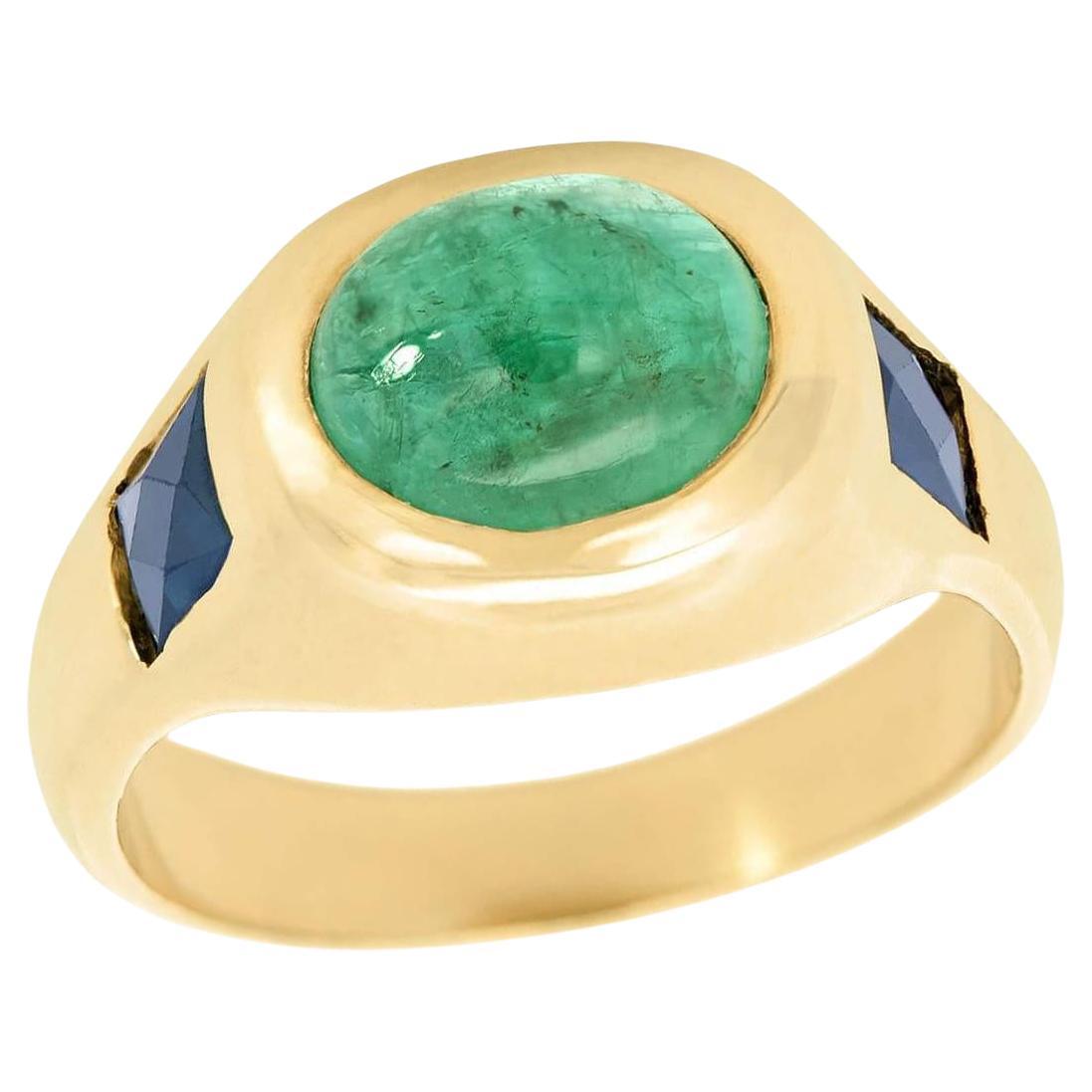Estate 14k Sapphire and Emerald Cabochon Flush Mount Ring For Sale