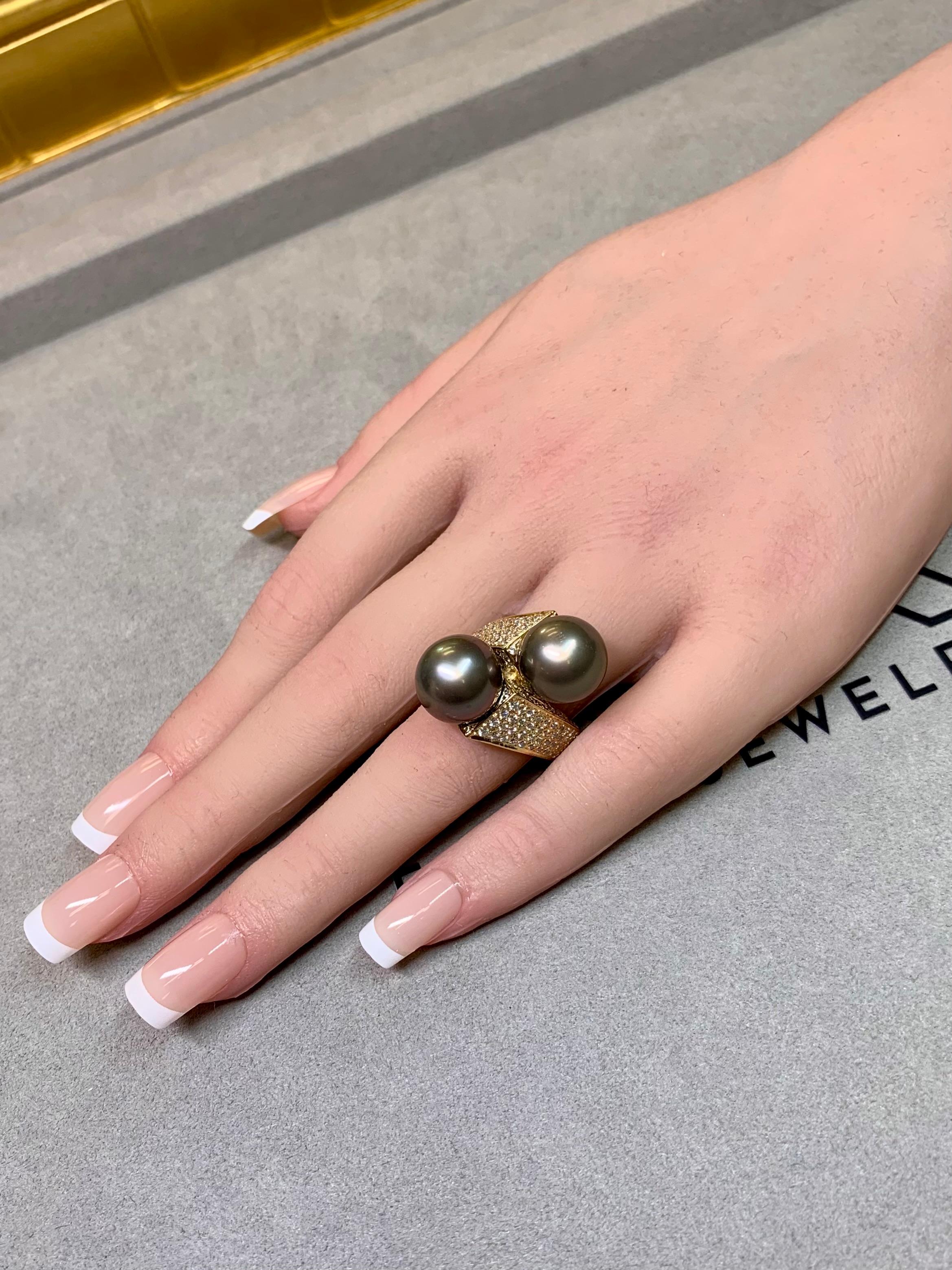 Estate 14K South Sea Tahitian Pearl Diamond Bypass Cocktail Ring 12.30mm Sz 8.75 For Sale 4