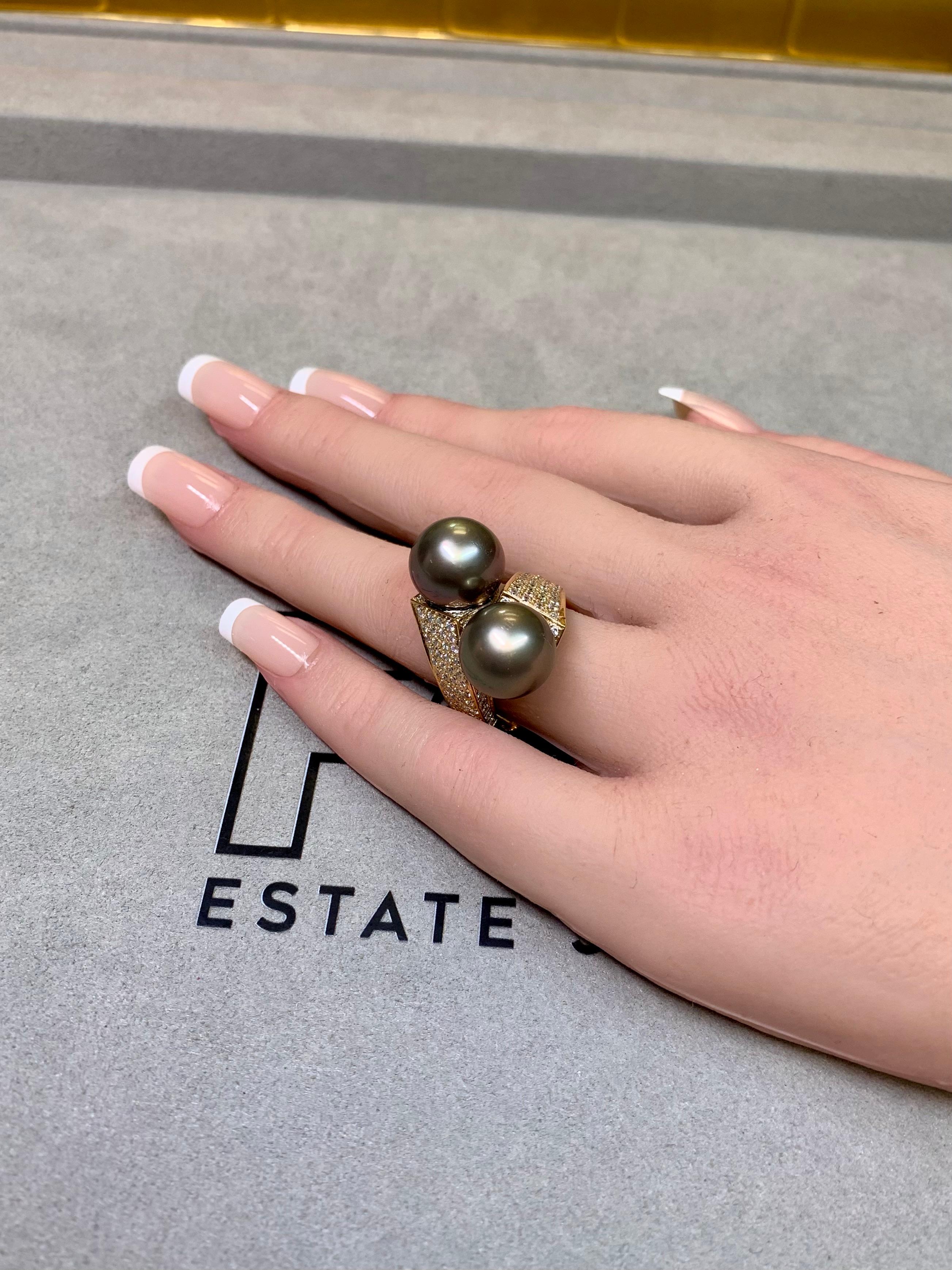 Estate 14K South Sea Tahitian Pearl Diamond Bypass Cocktail Ring 12.30mm Sz 8.75 For Sale 5
