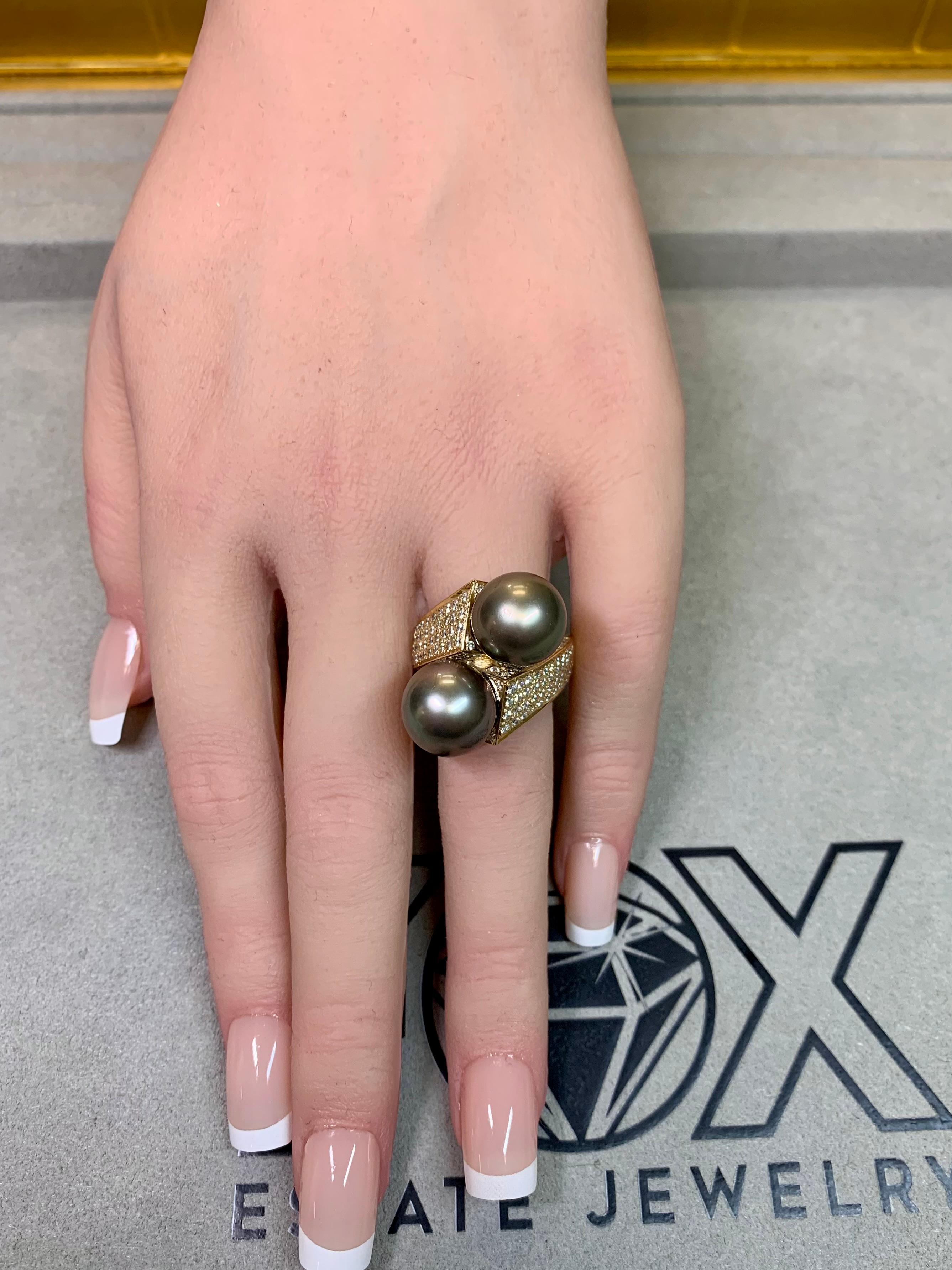 Estate 14K South Sea Tahitian Pearl Diamond Bypass Cocktail Ring 12.30mm Sz 8.75 For Sale 6