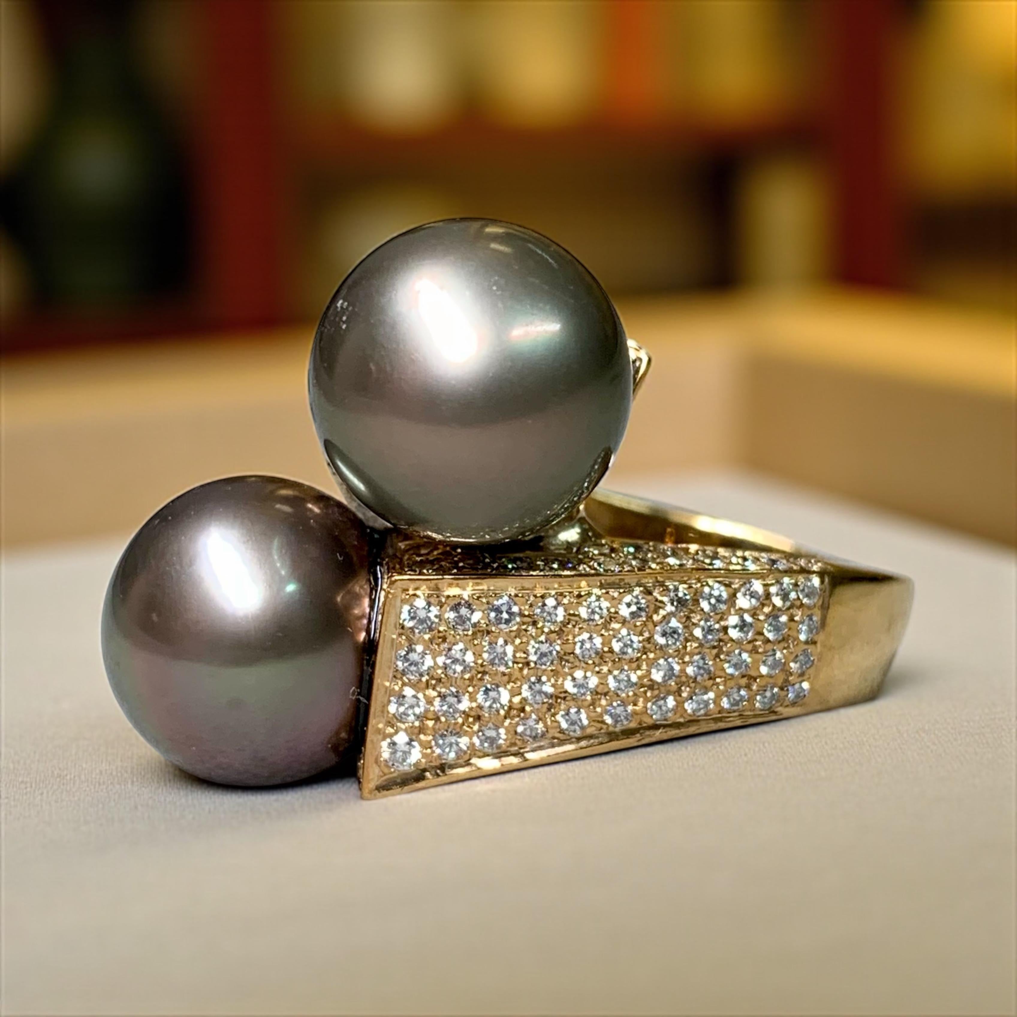 Estate 14K South Sea Tahitian Pearl Diamond Bypass Cocktail Ring 12.30mm Sz 8.75 For Sale 7