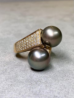 Estate 14K South Sea Tahitian Pearl Diamond Bypass Cocktail Ring 12.30mm Sz 8.75