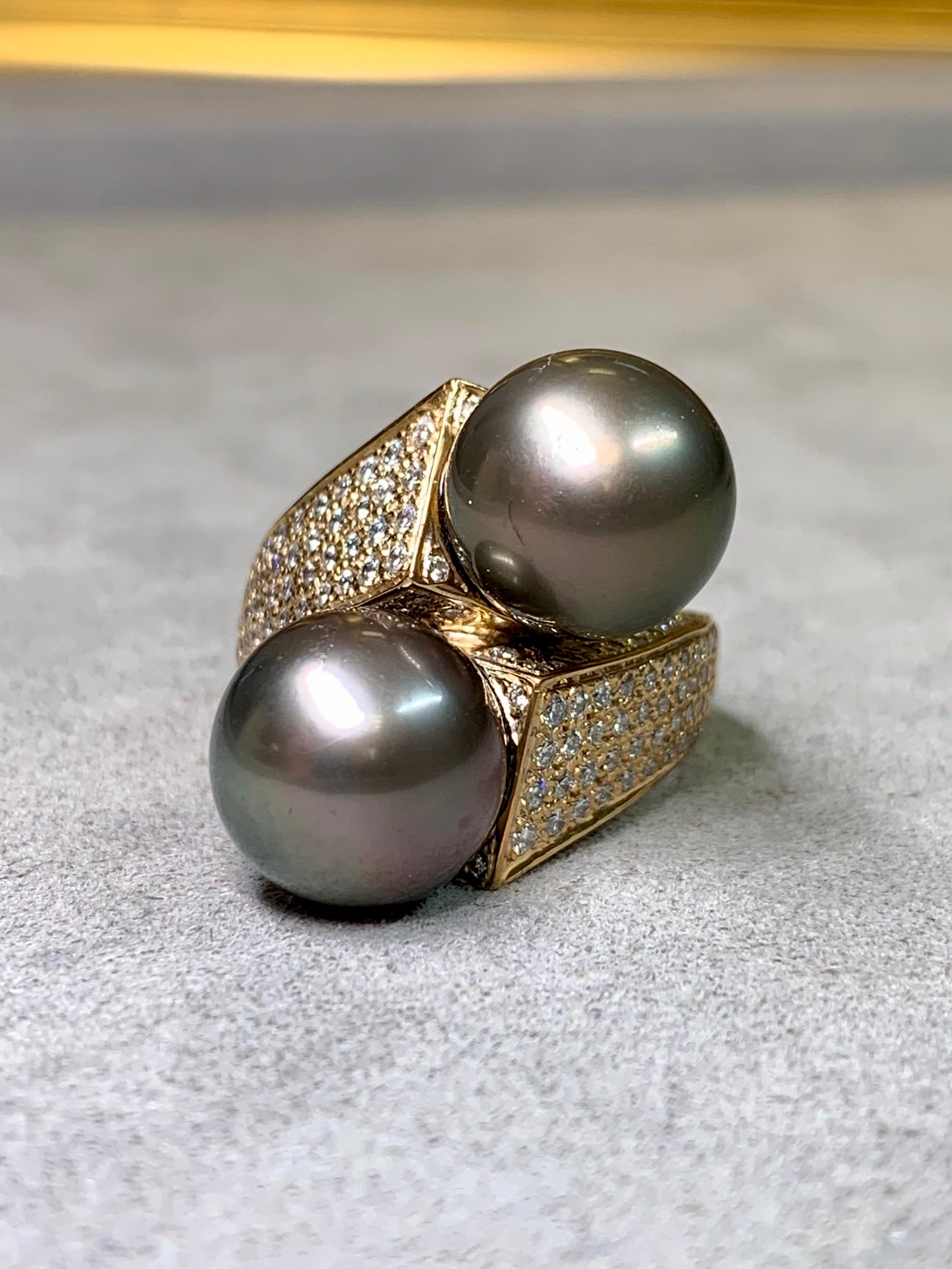 Contemporary Estate 14K South Sea Tahitian Pearl Diamond Bypass Cocktail Ring 12.30mm Sz 8.75 For Sale