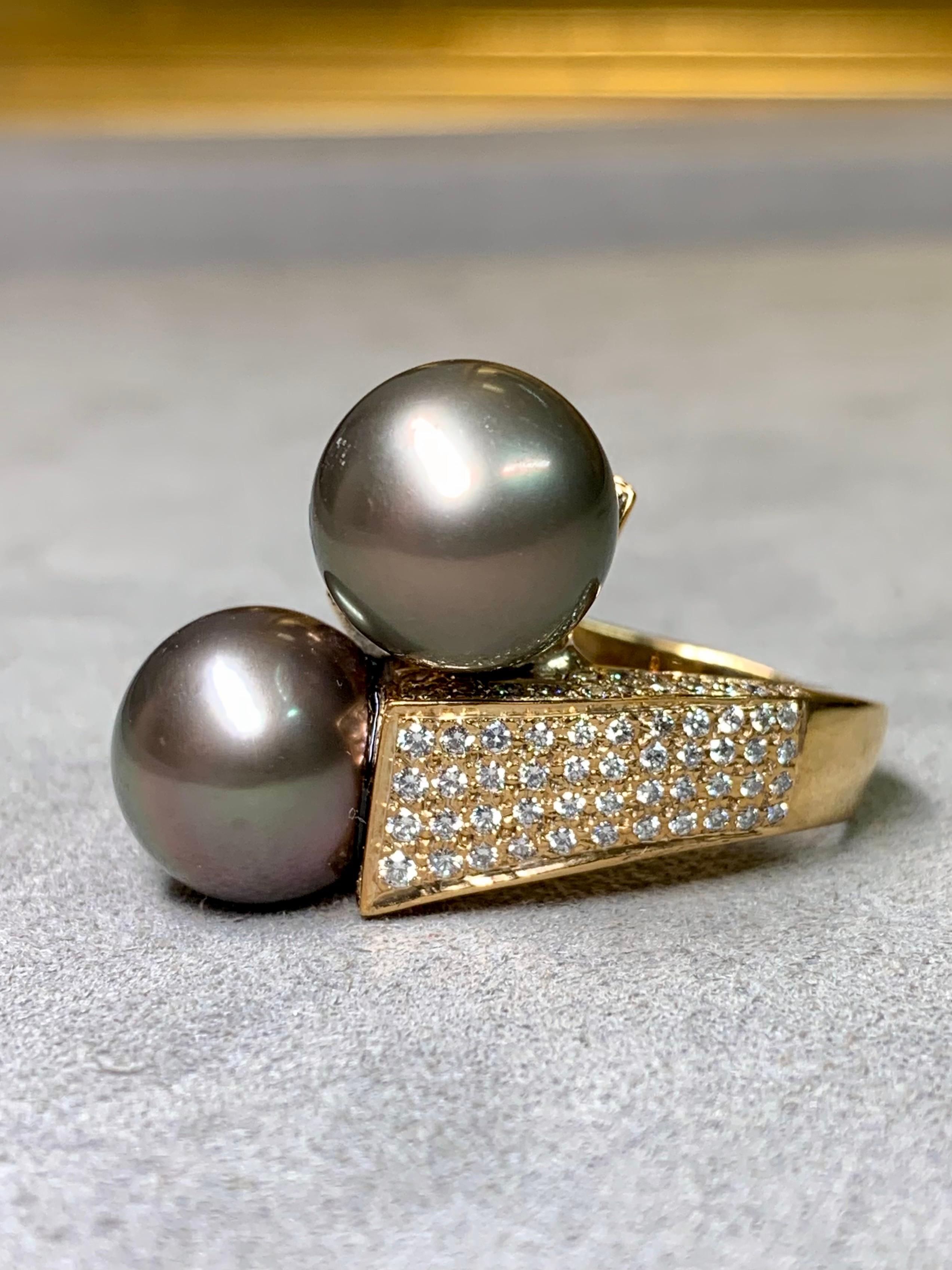 Round Cut Estate 14K South Sea Tahitian Pearl Diamond Bypass Cocktail Ring 12.30mm Sz 8.75 For Sale